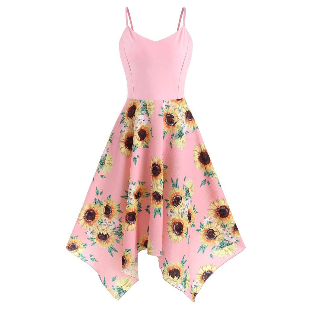 iQKA Women's Sunflower Print Mini Dress - Plus Size Asymmetric Camisole Summer Beach Dress for Vacation, Pool Party & Casual Outings