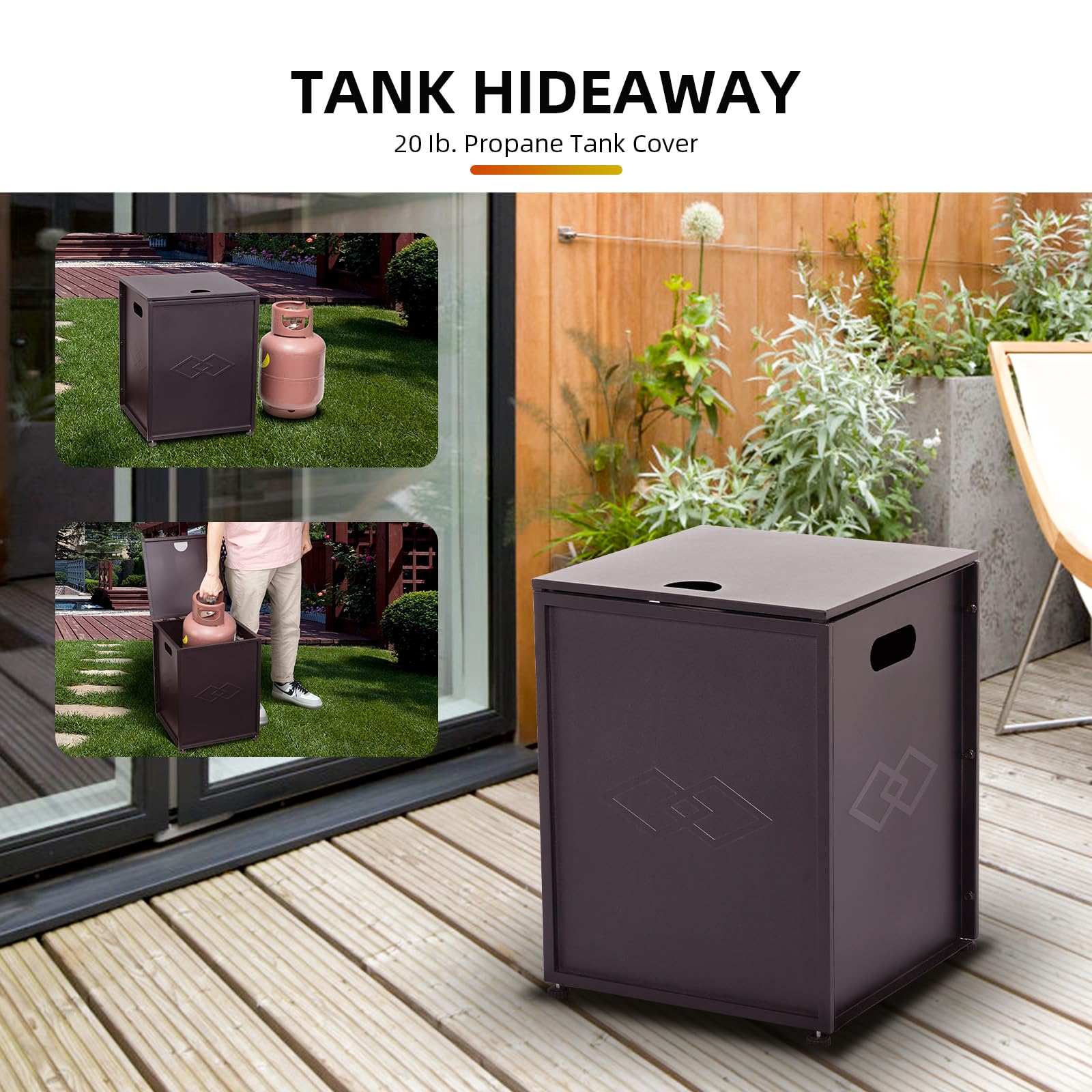 **Dual Function Propane Tank Cover Table with Storage Sides – Outdoor Gas Tank Storage Side Table for 20 lbs Propane Tanks – Perfect for Gas Fire Pits, Grills, Griddles & Stoves – Brown**    *(Ideal for Patio, Backyard, Camping & BBQ Gatherings – Protects & Organizes Your Propane Tank in Style!)*