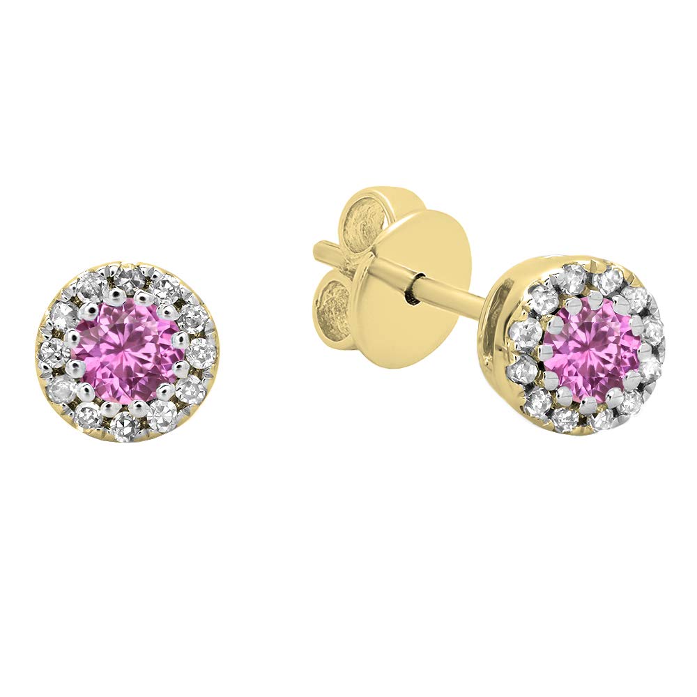 2.5mm Round Pink Sapphire & White Diamond Halo Stud Earrings for Women - 14K Solid Gold Dazzlingrock Collection | Elegant Gift for Anniversary, Birthday & Special Occasions