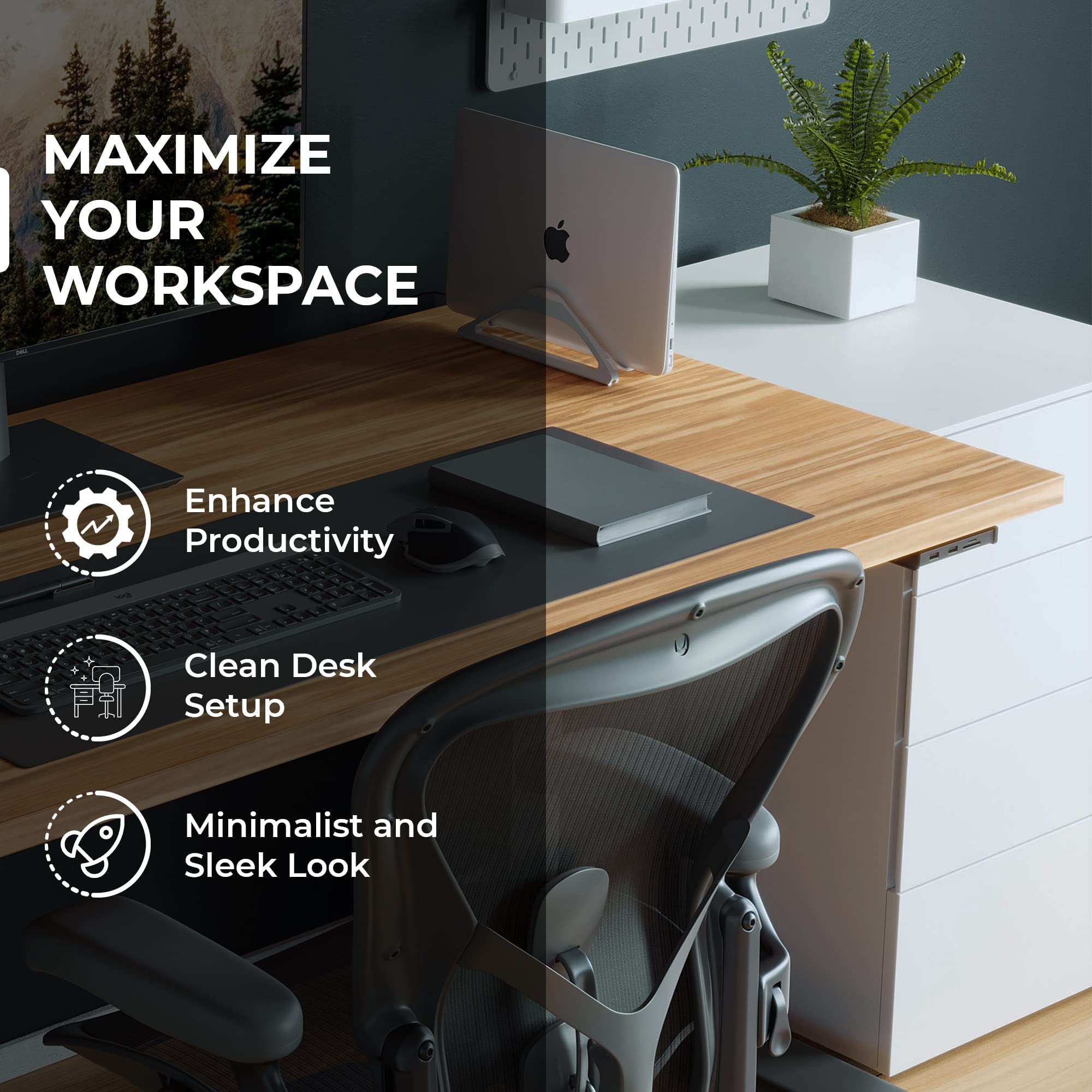 HumanCentric Space Gray Vertical Laptop Stand with USB-C Docking Station - Ergonomic Desktop Organizer for MacBook & Windows Laptops, Includes 87W Charger & HDMI Monitor Dock - Perfect for Home Office, Workspace & Productivity Setup