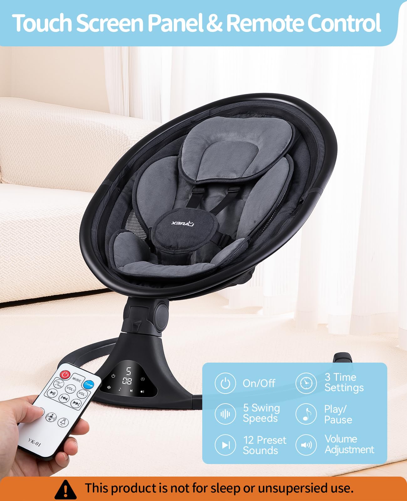 LAREX Baby Swing for Newborns & Toddlers - Electric Infant Swing with 5 Speed Settings, Remote Control, 12 Melodies & Bluetooth, Portable for Boys & Girls (0-6 Months, Max 20 lbs) - Perfect for Nursery, Living Room & Travel (2024 Model, Black)