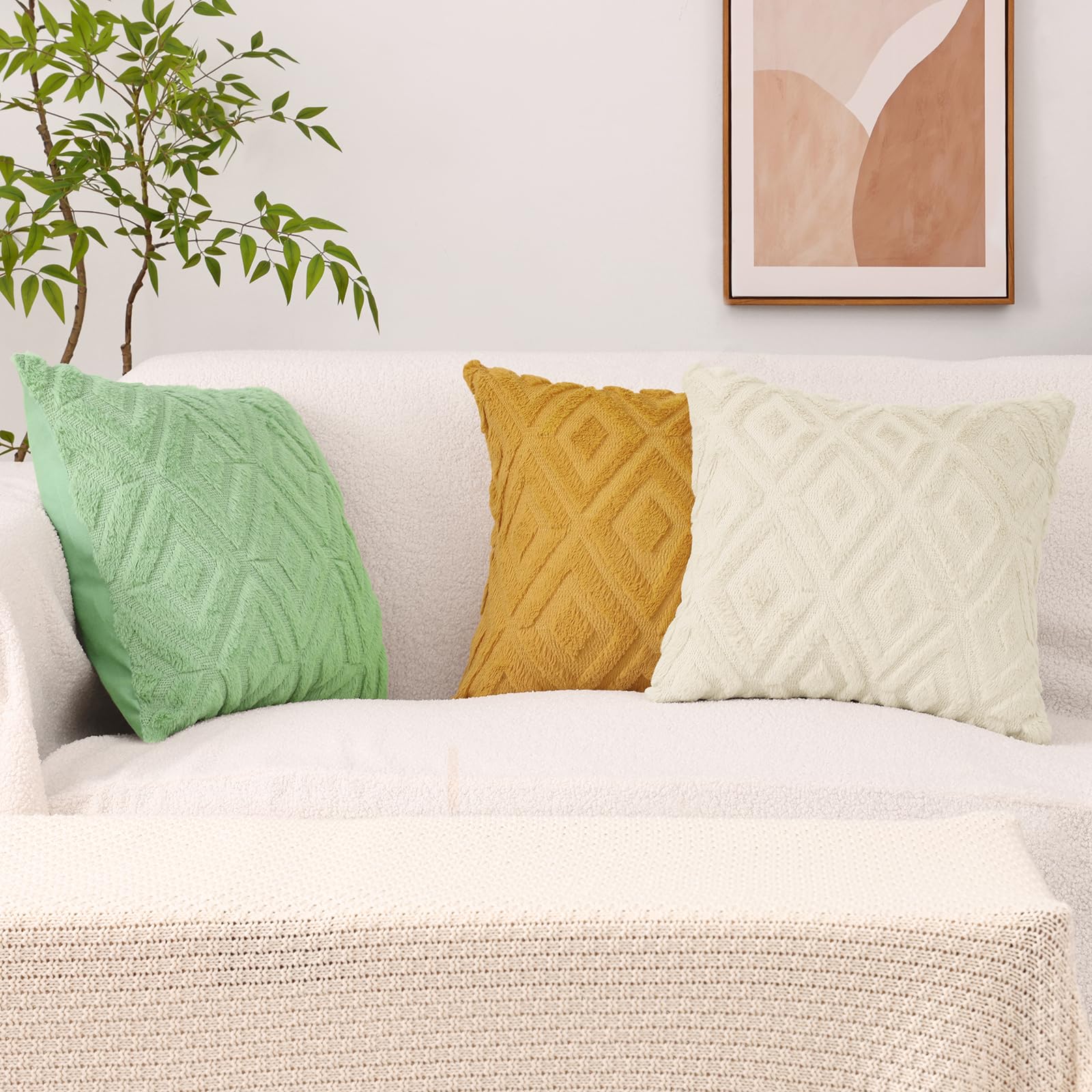 Pallene Soft Faux Fur Throw Pillow Covers 22x22 Set of 2 - Plush Wool Decorative Couch Pillow Covers for Sofa, Bed, Living Room - 3D Diamond Pattern Mustard Yellow - Perfect for Home Decor, Cozy Winter Nights & Gift Giving