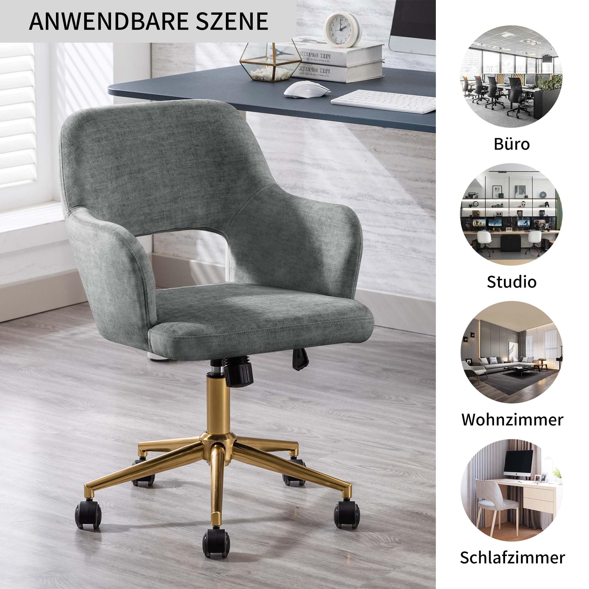 DUHOME Ergonomic Home Office Desk Chair with Wheels - Adjustable Swivel Fabric Computer Chair with Hollow Mid-Back Backrest, Comfortable Task Chair for Working, Studying & Gaming - Perfect for Office, Living Room & Bedroom (Light Grey with Golden Base)