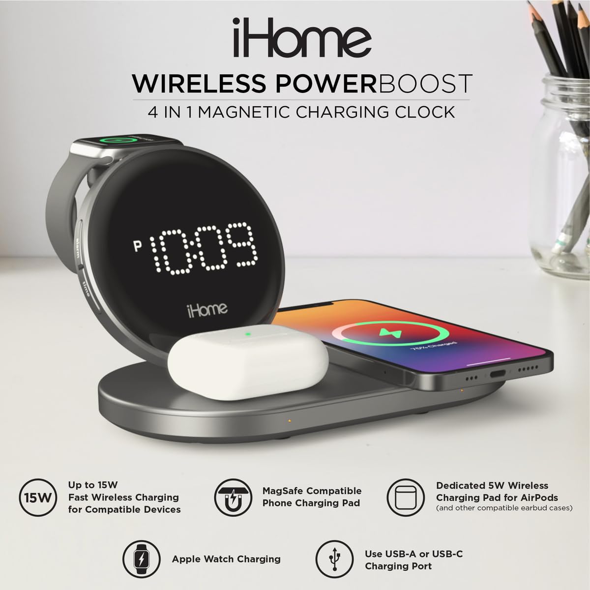 iHome POWERVALET Quad 4-in-1 Dual Qi Wireless Fast Charger for iPhone, AirPods, Apple Watch - 30W USB Charging Alarm Clock with Nightstand Mode | Perfect for Bedroom, Office & Travel (iWW33)