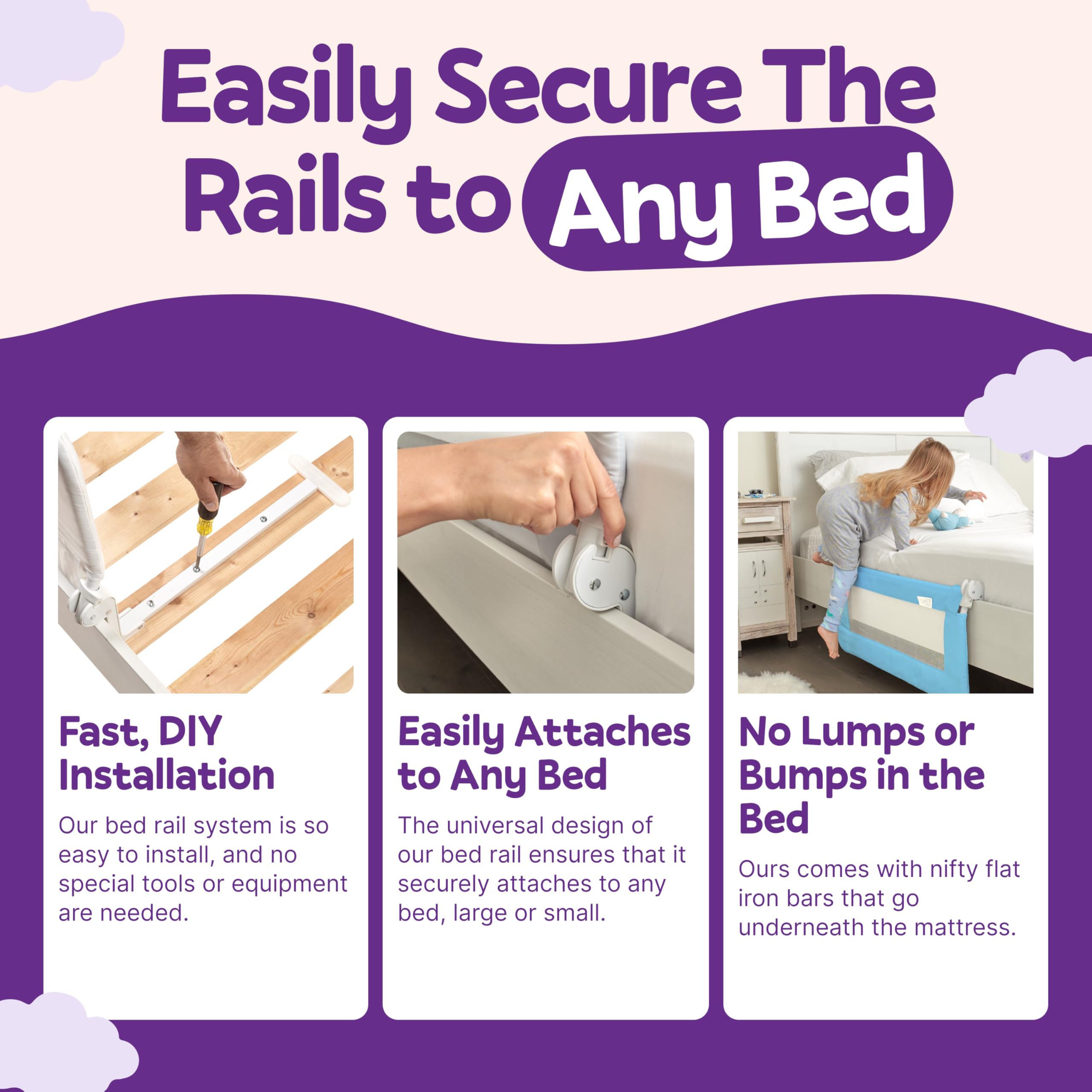 **ComfyBumpy Adjustable Toddler Bed Rail Guard - Safety Bed Rails for Kids, Fits Twin, Full, Queen & King Size Beds - Swing Down Baby Bed Side Rail - Blue, Regular (35.5