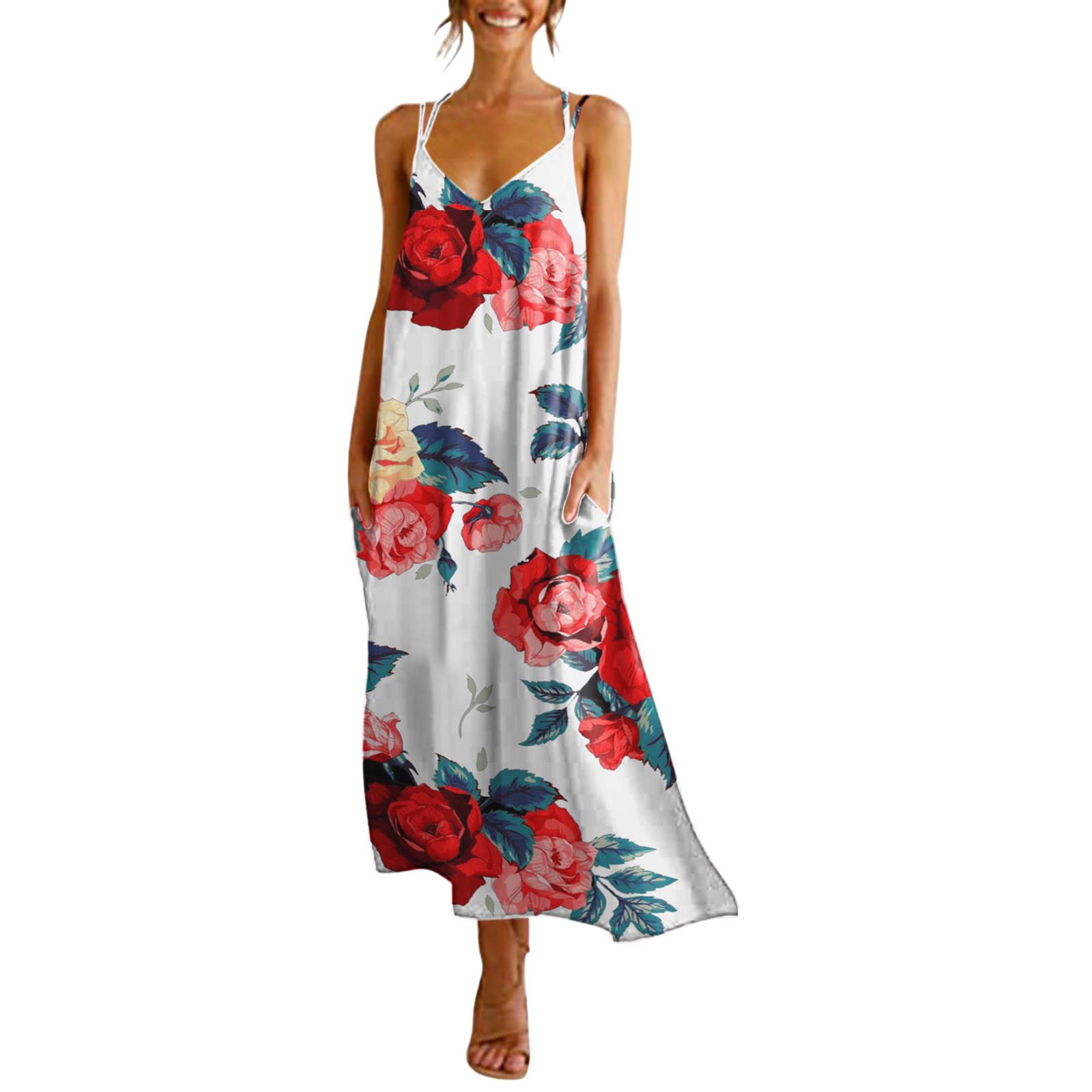 DGTVVR Women's Loose Summer Dress with Neck Suspenders, Backless Sleeveless V-Neck & Pockets - Perfect for Beach Vacations, Pool Parties & Casual Outings