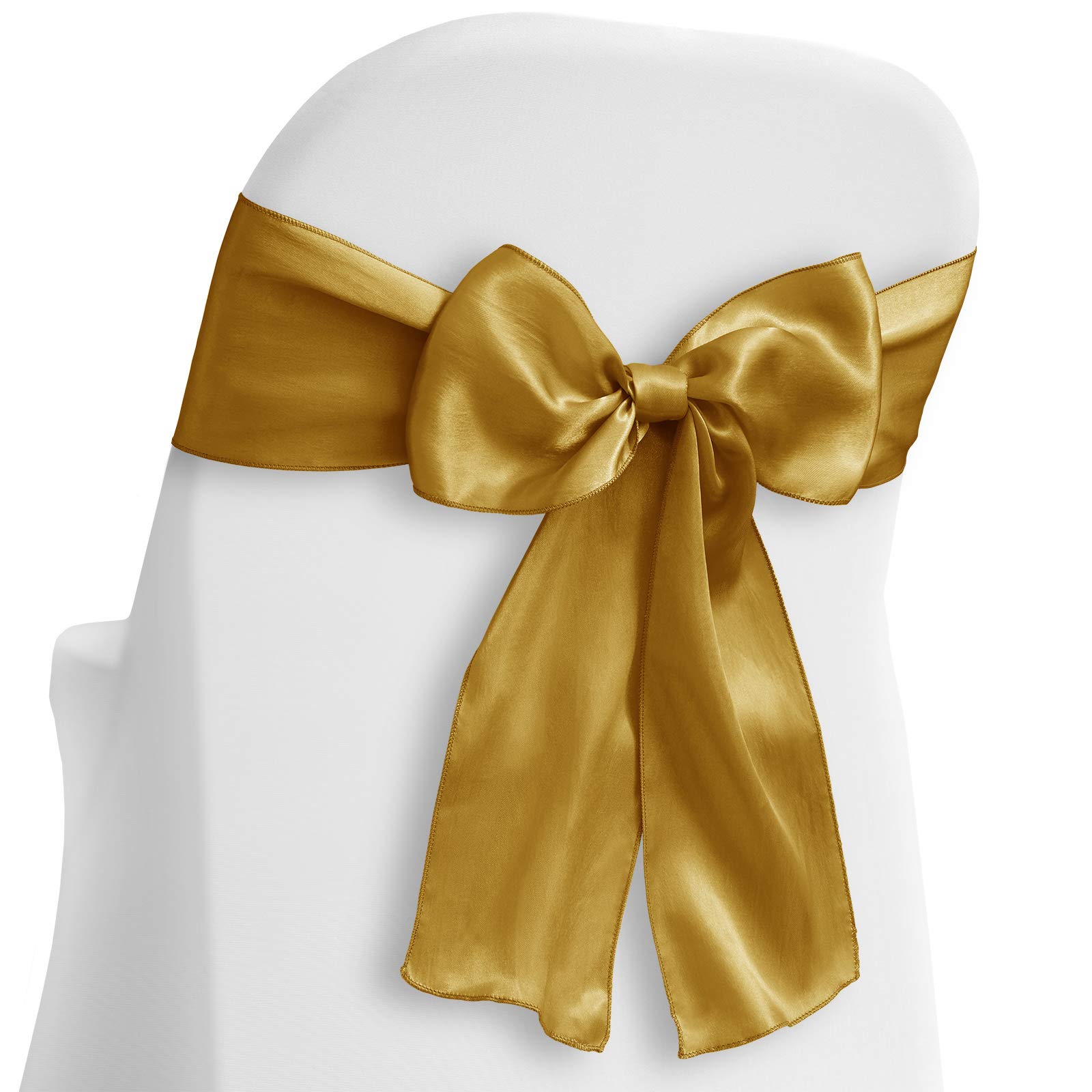 Lann's Linens - 100 Elegant Satin Wedding Chair Covers with Gold Ribbon Sashes - Perfect for Weddings, Parties & Special Events