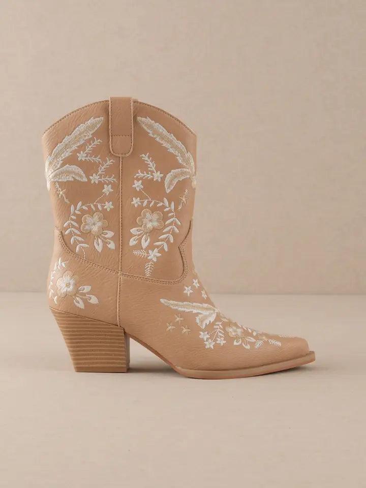 Bailey Apricot Embroidered Cowboy Boots for Women - Western Ankle Booties with Floral Design - Perfect for Country Music Festivals & Rodeo Events