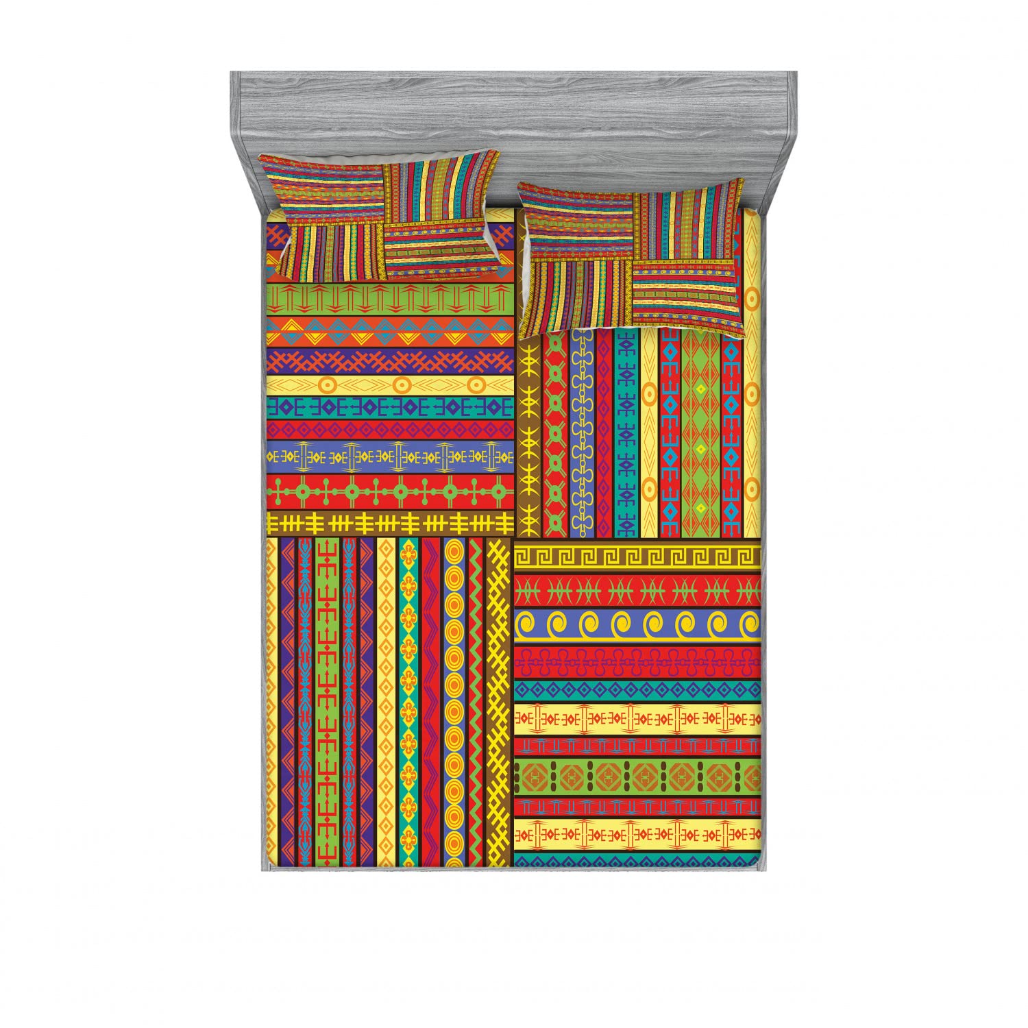 Ambesonne African Print 2-Piece Queen Size Fitted Sheet Set with 4 Pillow Shams - Tribal Art Border Bedding Collection for Master Bedroom & Guest Room Decor - Multicolor Luxury Cotton Blend Sheets for Home & Vacation House