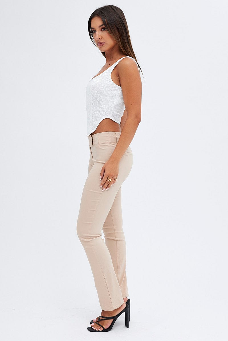 Beige Low Rise Slim Leg Pants for Women - Casual & Comfortable Everyday Wear