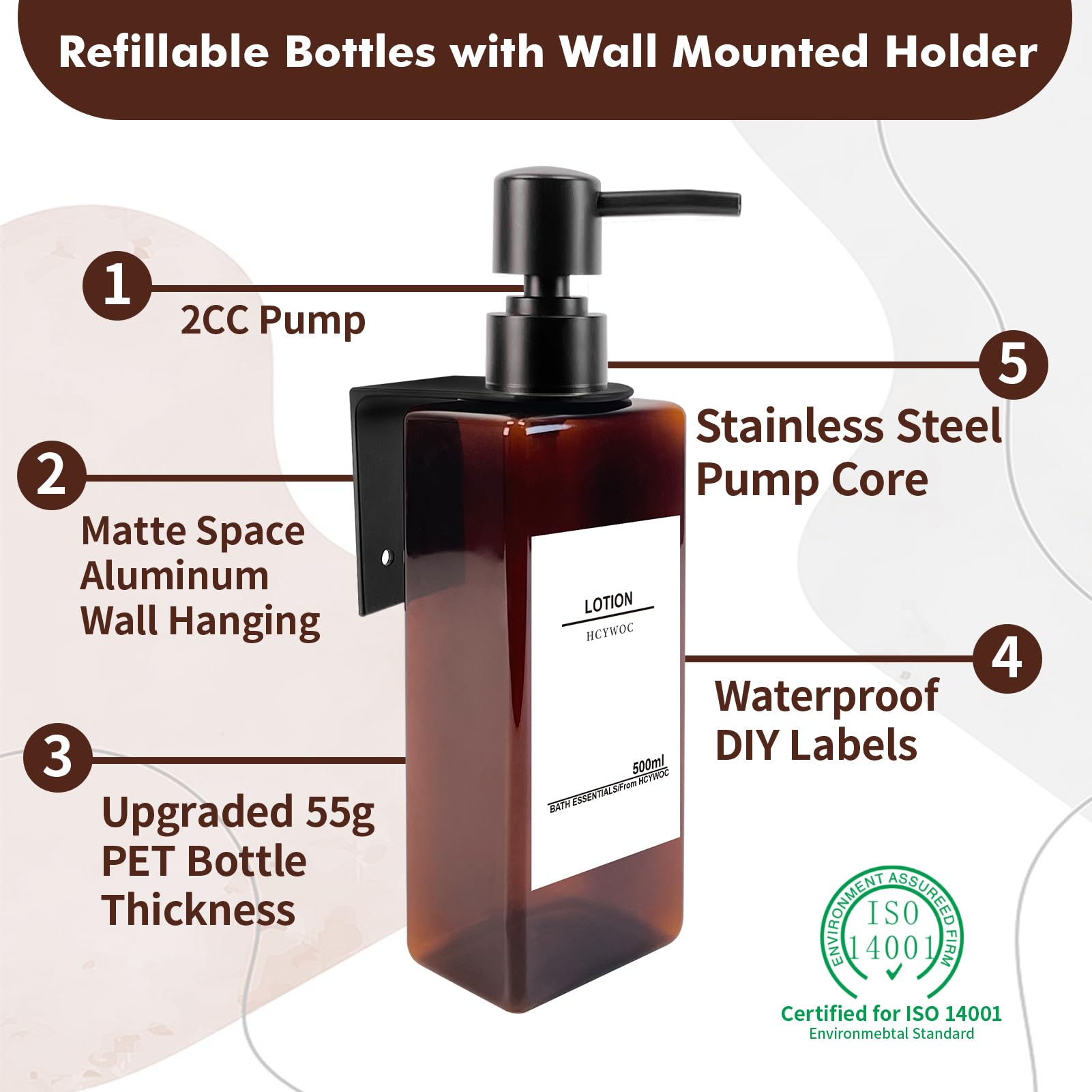 No Drill Shower Wall Mounted Shampoo & Conditioner Dispenser - 3 Chamber 17oz Black Amber, Waterproof Labels Included - Perfect for Bathroom, Gym, Spa & RV Use