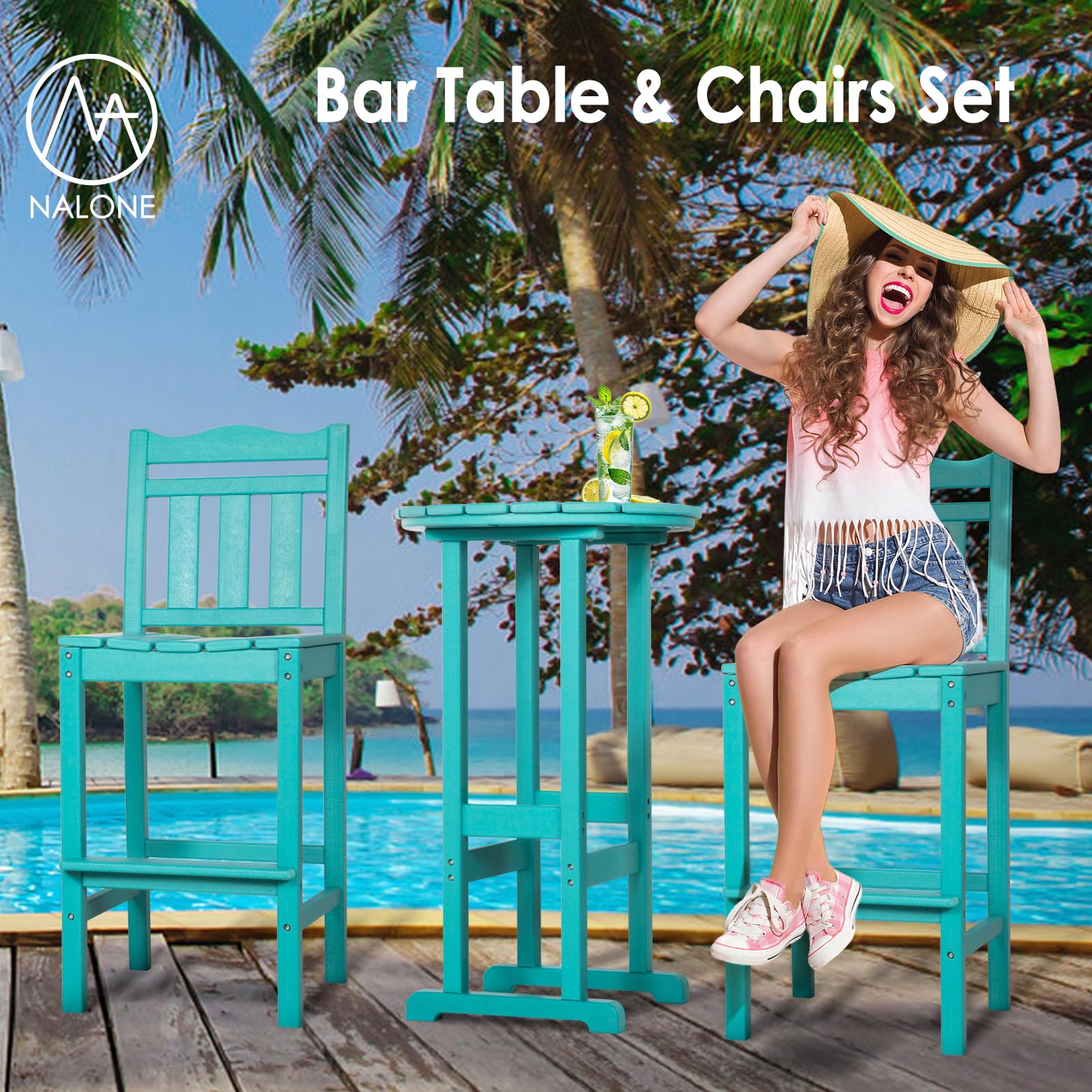 nalone Outdoor Bar Stools Set of 2 - Weather-Resistant HDPE Adirondack Bar Height Chairs for Patio, Deck, Garden & Backyard | Perfect for Poolside, BBQ Parties & Outdoor Entertaining (Aruba Style, Bar Stool Pair)
