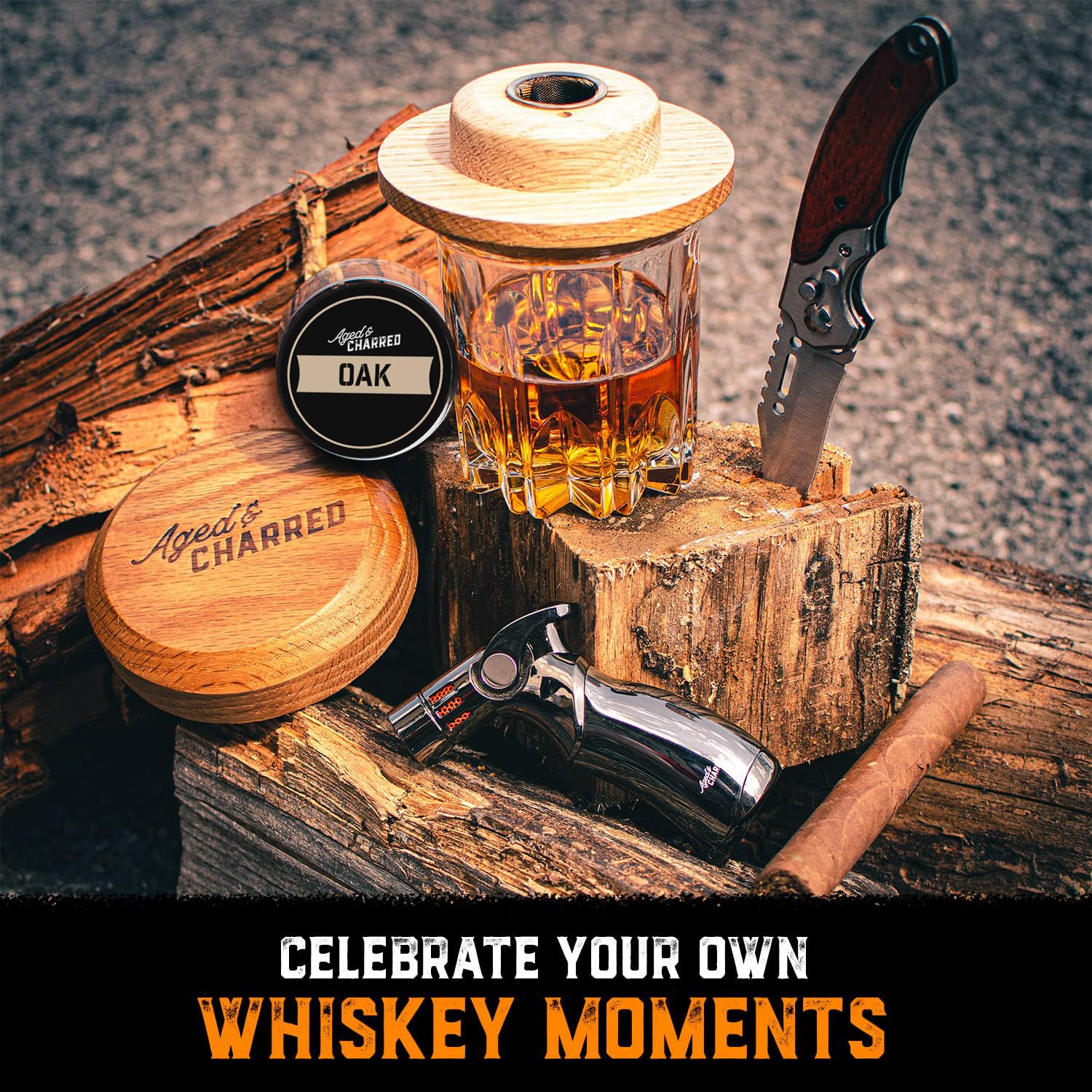 Premium Cocktail Smoker Kit with Torch & Wood Chips - Oak Wood Smoking Set for Whiskey & Bourbon - Old Fashioned Cocktail Maker - Unique Gifts for Men (Husband, Father, Son) - No Butane Needed - Perfect for Home Bars, Parties & Special Occasions