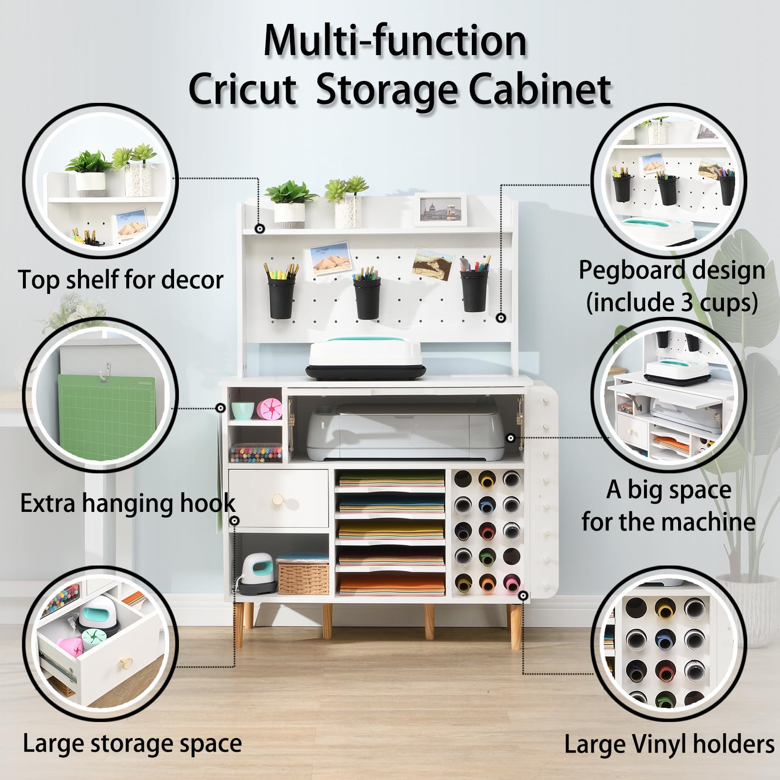 Cricut Compatible Craft Storage Cabinet with Power Outlet & Pegboard - Organizer for Vinyl, Tools & Supplies - Perfect for Scrapbooking, DIY Projects & Home Craft Stations
