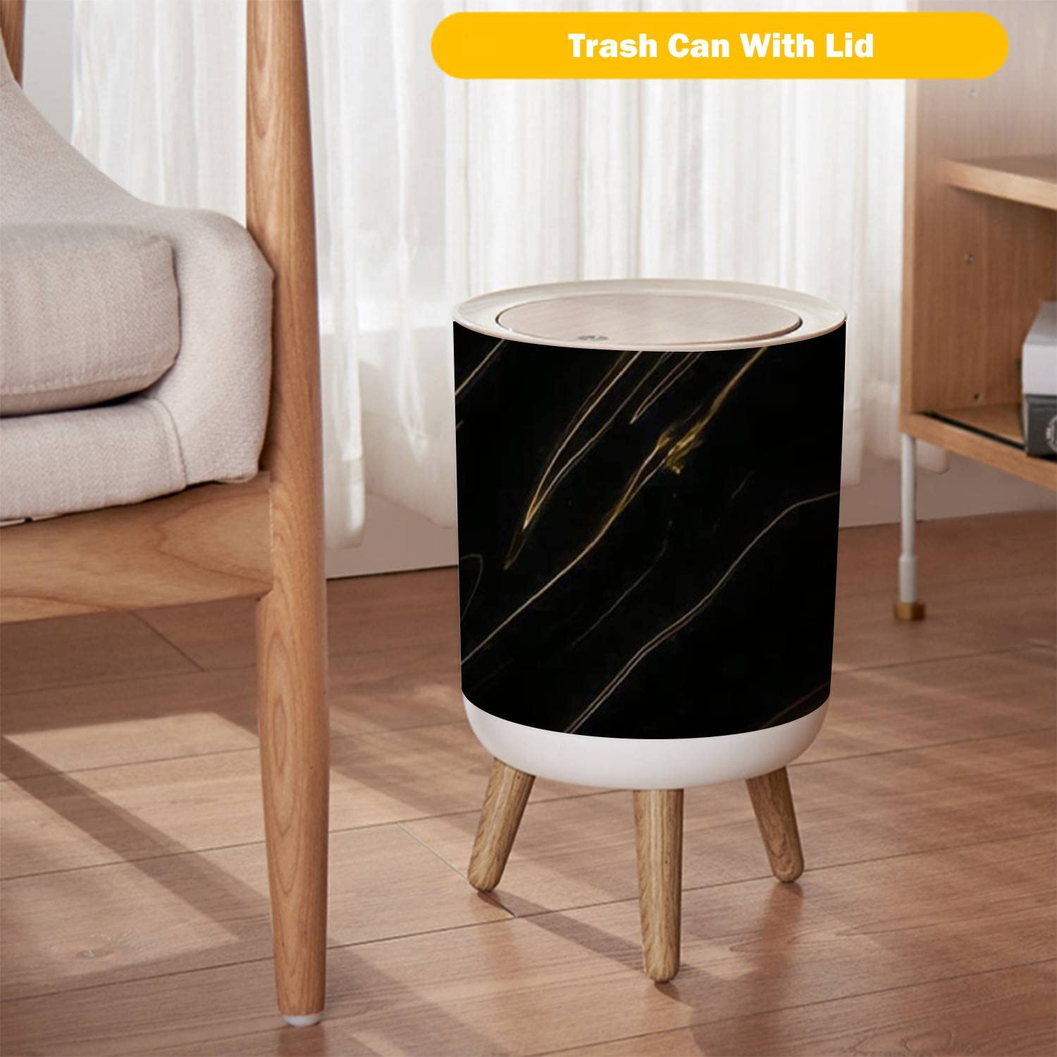 Marble Texture Small Trash Can with Lid - 7L/1.8 Gallon Round Waste Bin with Wood Legs & Press Cover - Black Gold Ink Granite Abstract Design for Kitchen, Bathroom, Office | Perfect for Home Decor & Waste Disposal