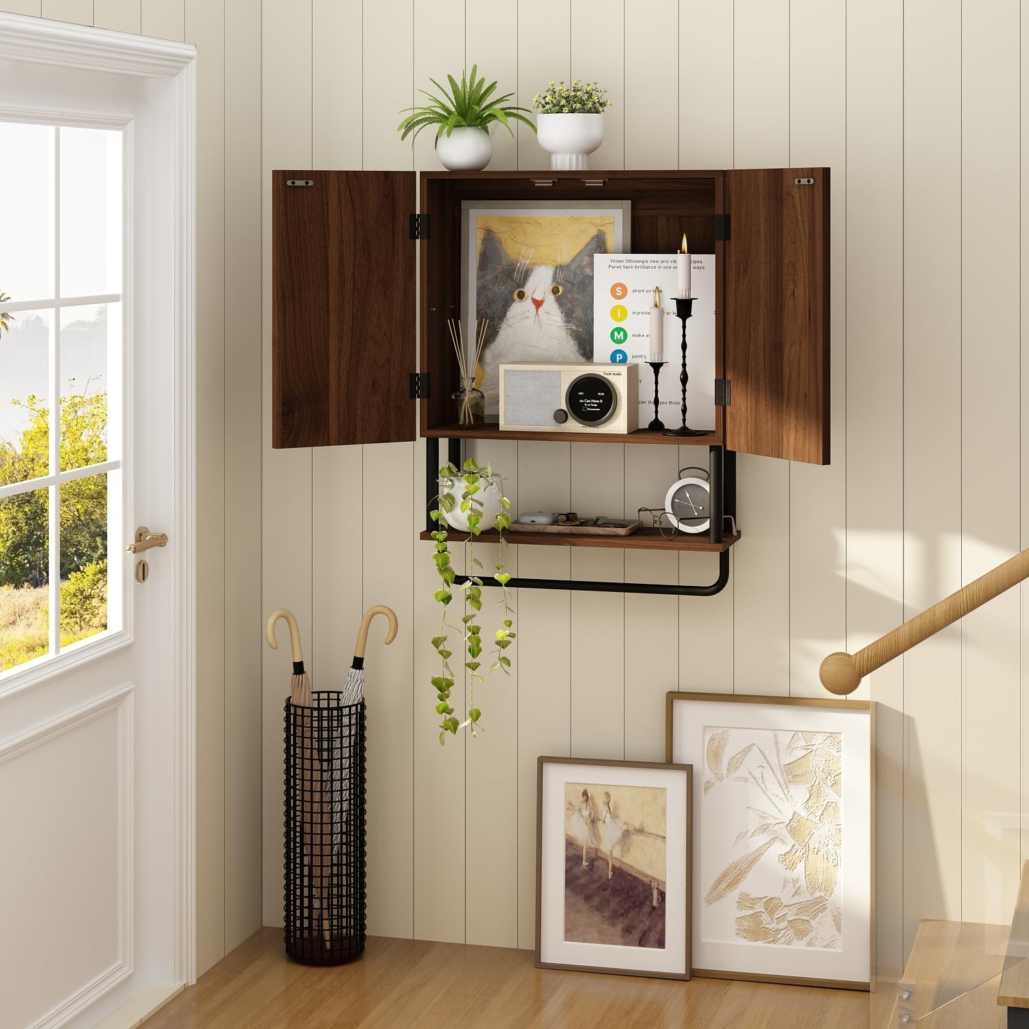 RUSTOWN 2-Door Fluted Bathroom Wall Cabinet with Adjustable Shelf & Towel Bar - 3-Tier Modern Farmhouse Medicine Cabinet for Over The Toilet Storage (Dark Walnut, Medium) - Perfect for Bathroom Organization & Small Space Storage Solutions