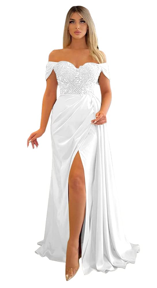 Elegant Mermaid Slit Prom Dresses 2024 | Off Shoulder Beaded Bridesmaid Gowns | Women's Formal Evening Party Dresses for Homecoming, Wedding & Special Occasions