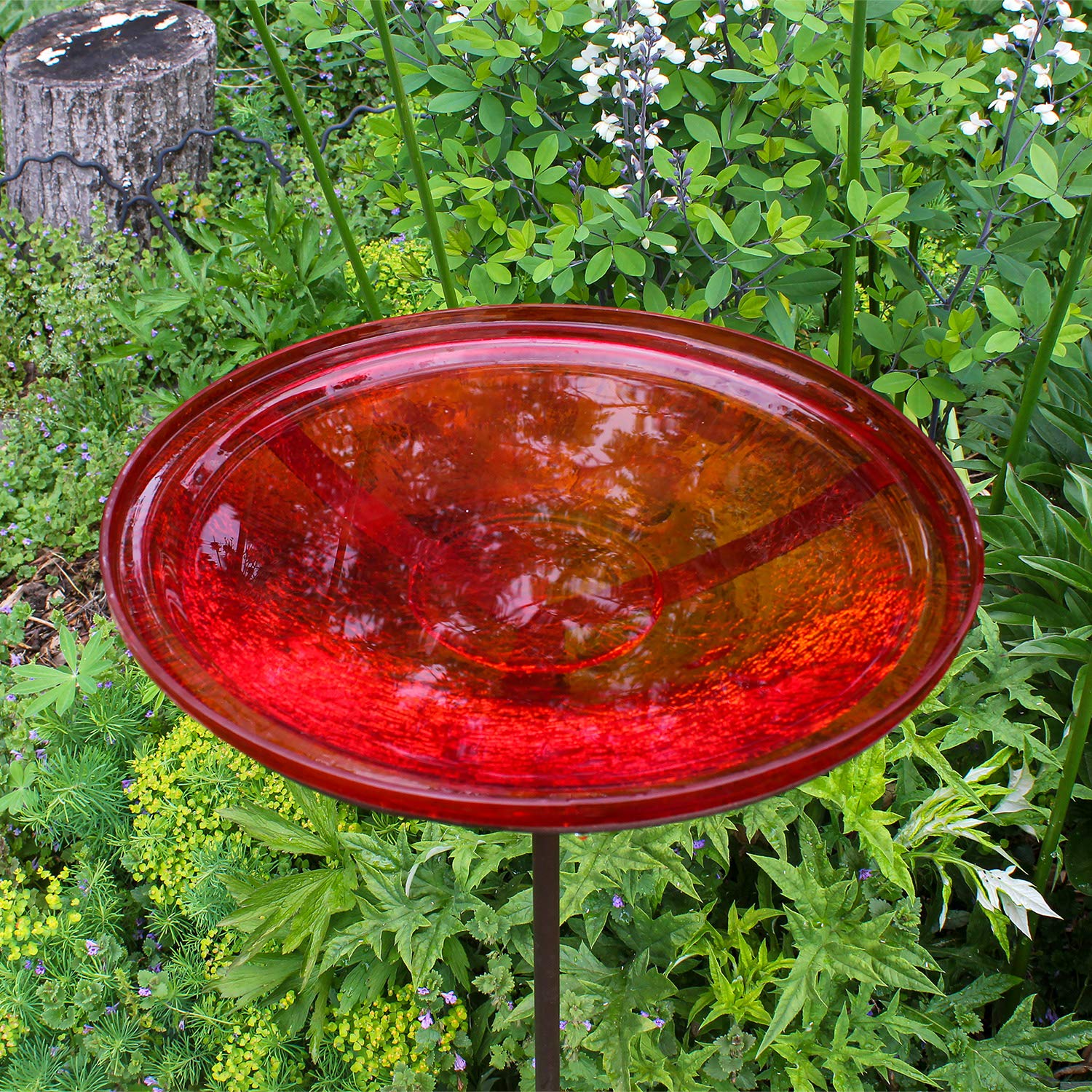 Achla Designs 14-inch Red Crackle Glass Birdbath Bowl with Stake - Perfect for Garden Decor and Attracting Birds to Your Backyard