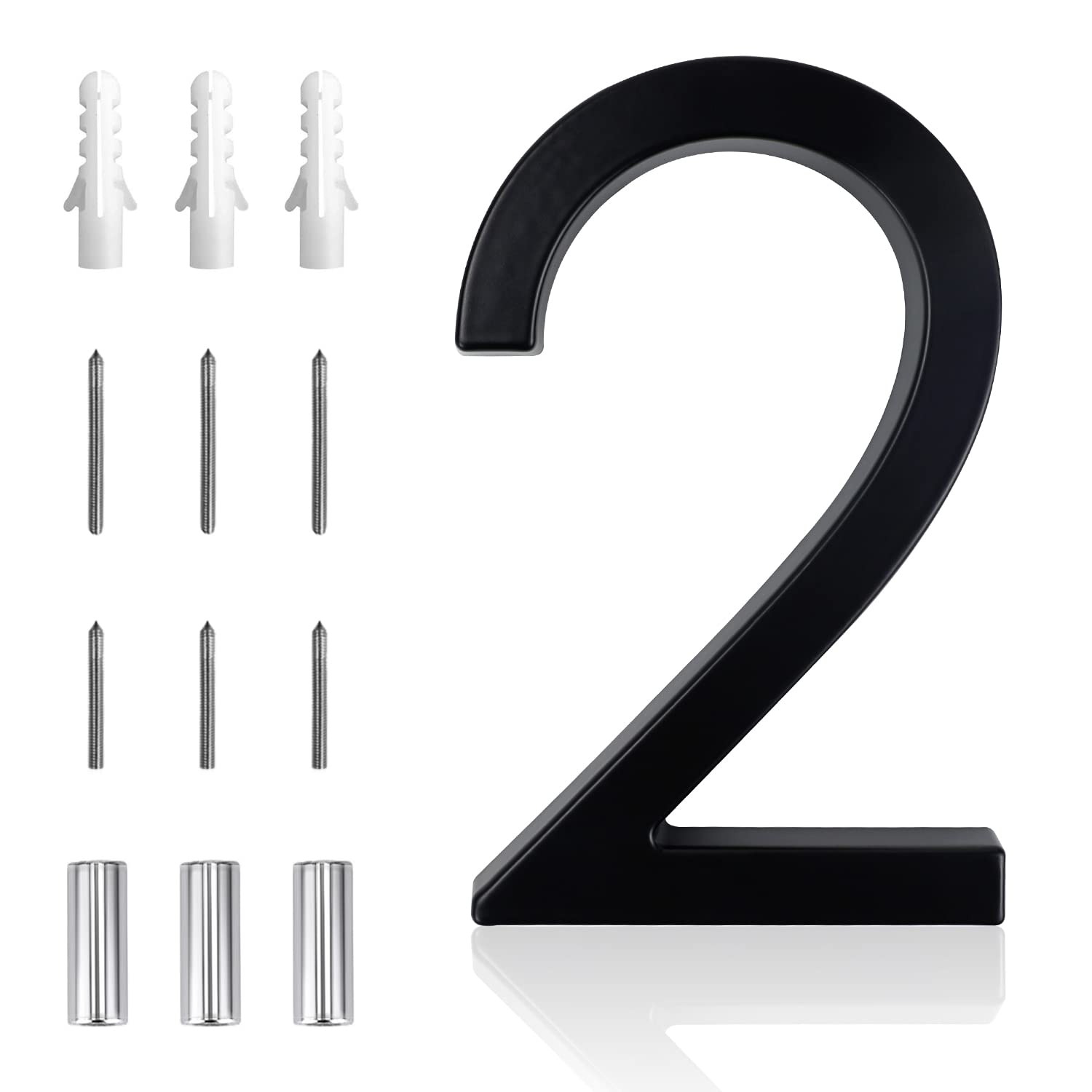 6 Inch Modern Floating House Numbers - Deamos Zinc Alloy Address Plaque with Matte Black Finish (Number 2) | Weatherproof for Outdoor Home, Mailbox & Apartment Signage
