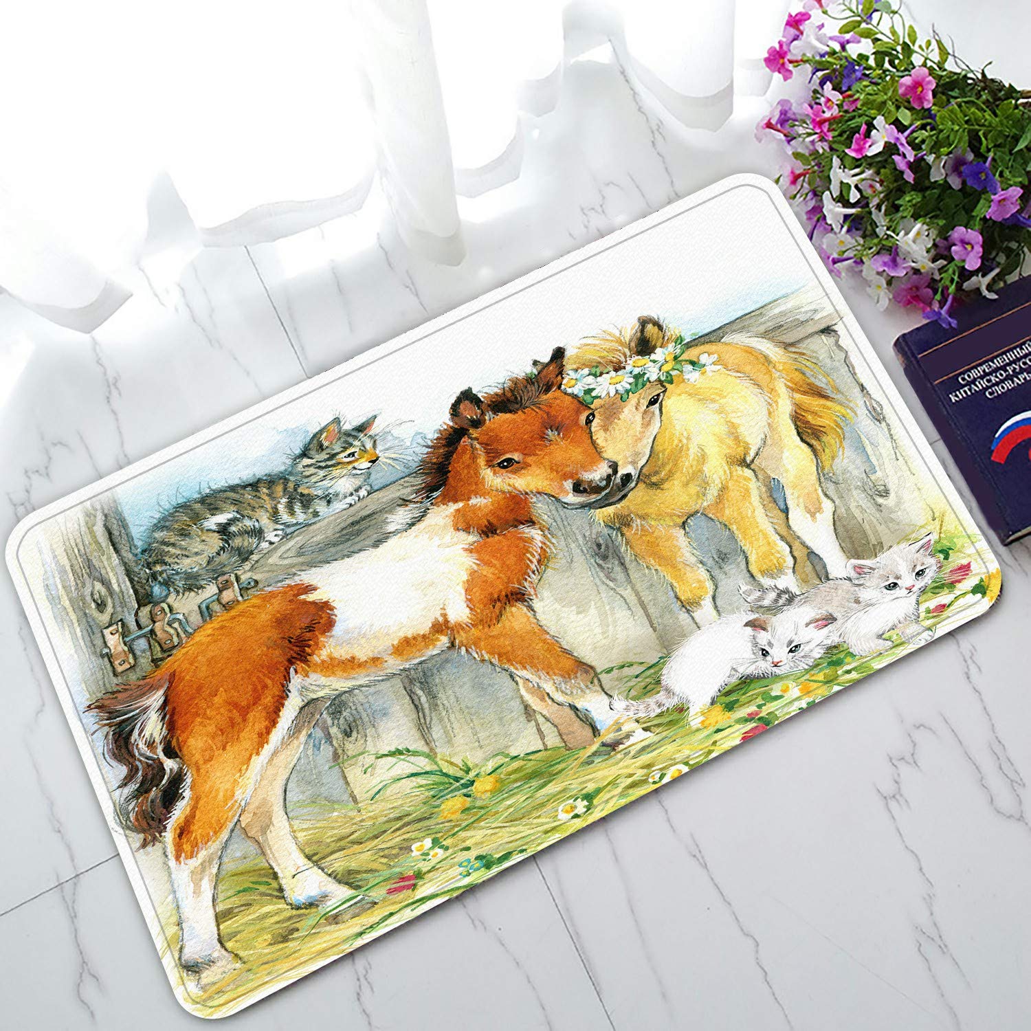ECZJNT Horse and Cat Watercolor Welcome Doormat - Non-Slip Bath Rug & Entrance Floor Mat 30x18 Inch - Perfect for Front Door, Bathroom, and Home Decor