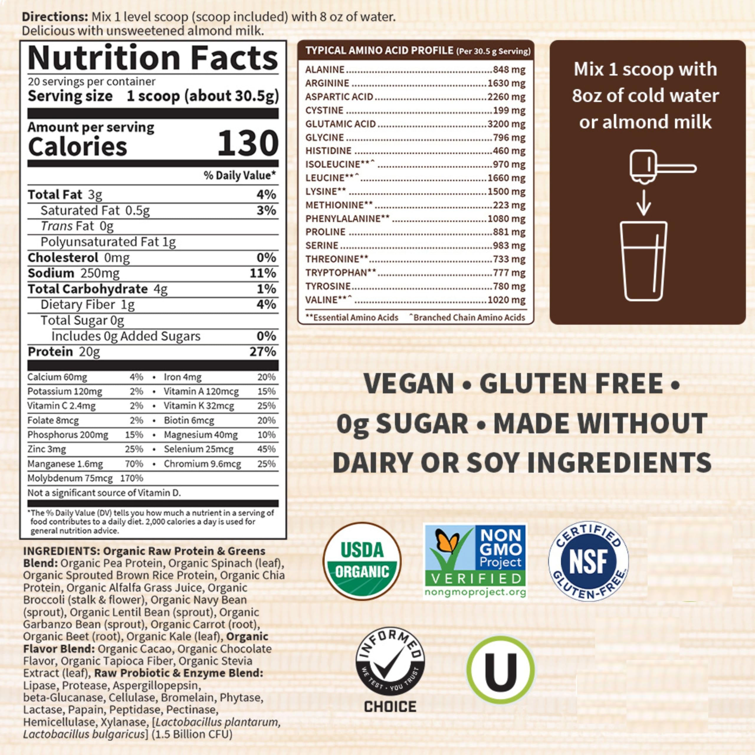Garden of Life Raw Organic Protein & Greens - Chocolate Vegan Protein Powder for Women & Men | Plant-Based Pea Protein with Greens & Probiotics | Dairy-Free, Gluten-Free, Low Carb Shake (20 Servings) | Perfect for Post-Workout Recovery & Healthy Meal Replacement