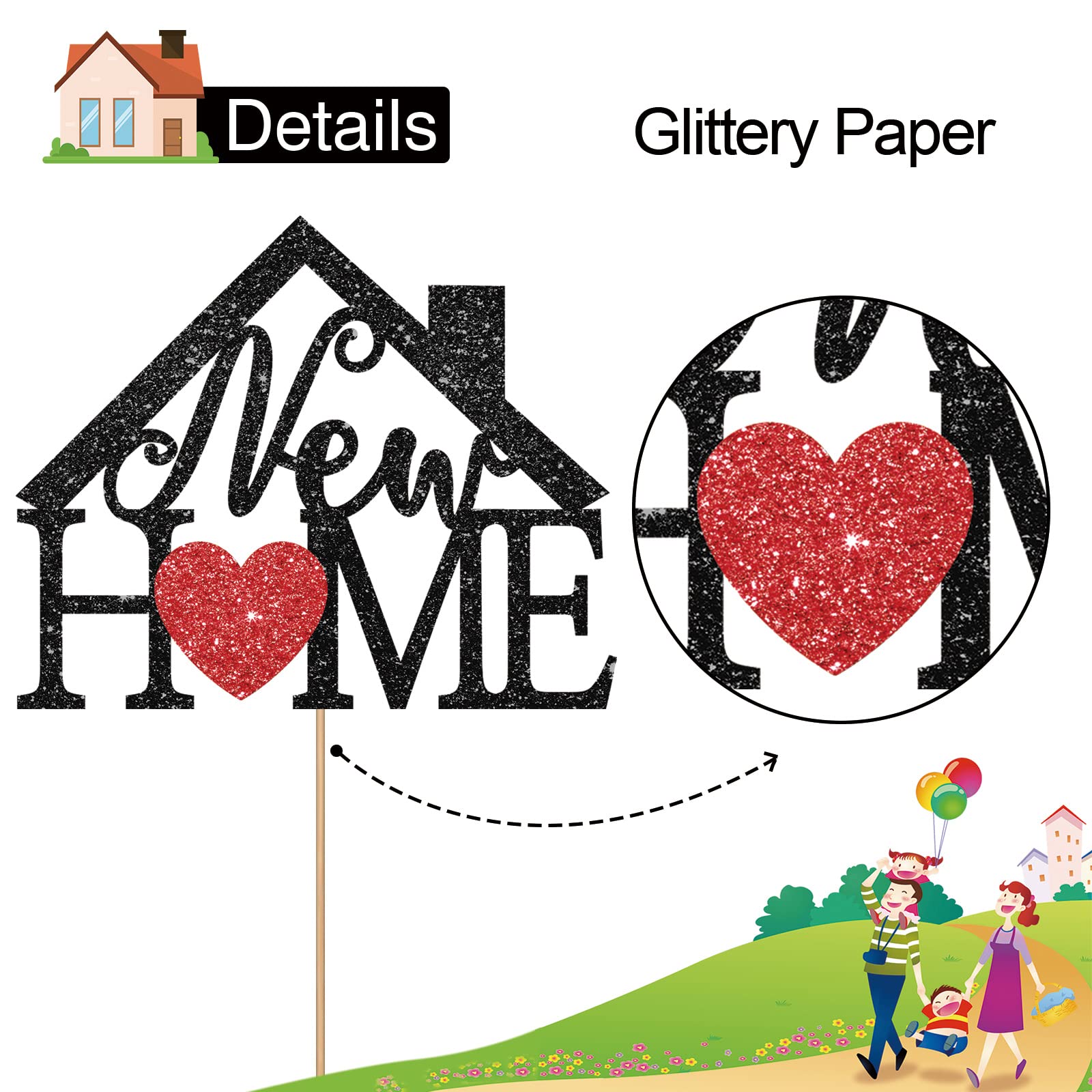 New Family Cake Topper - Black Glitter Home Sweet Home Party Decorations for Housewarming, Welcome Home & Birthday Celebrations - Perfect for Wedding, Anniversary & Family Reunion Cakes