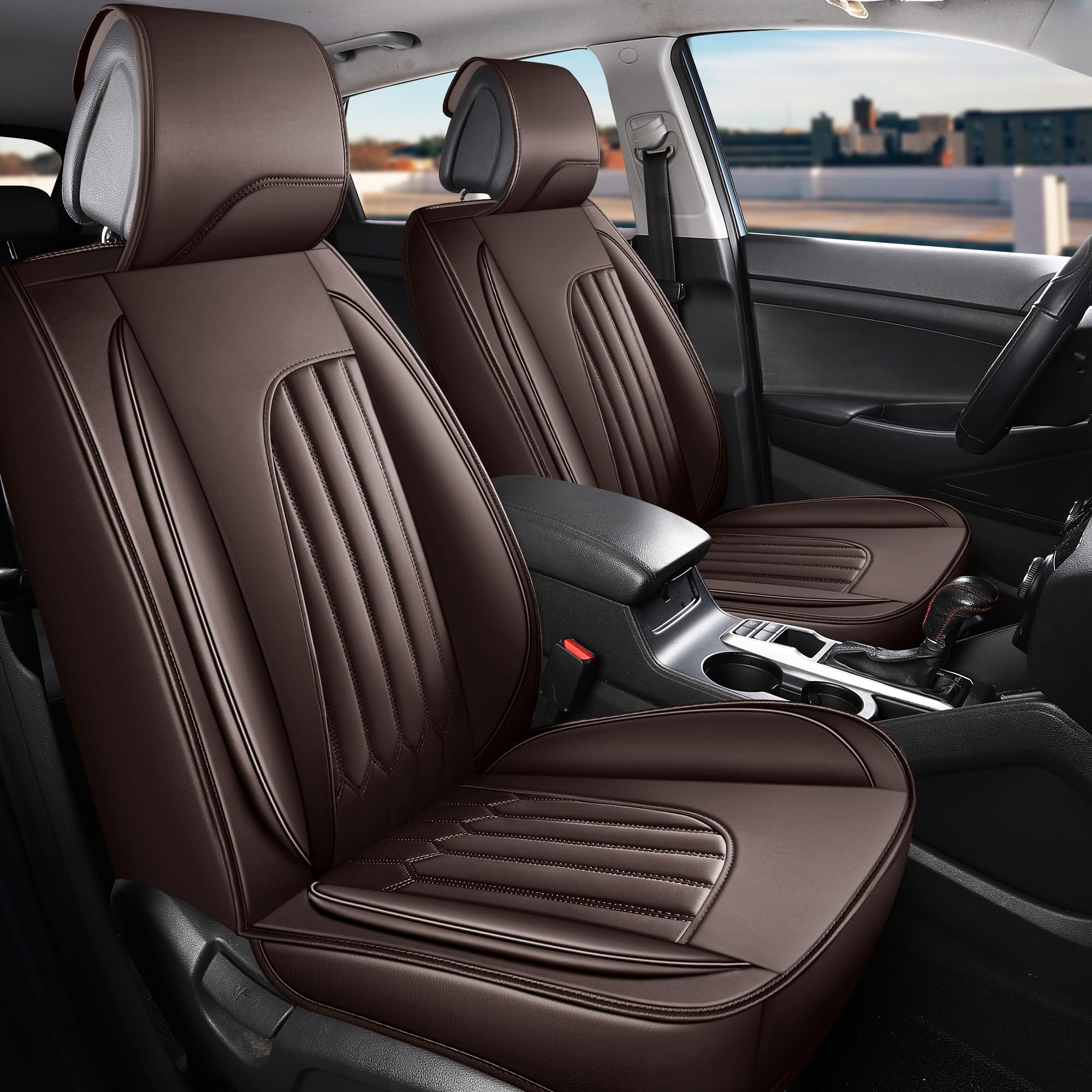 Premium Faux Leather Car Seat Covers Full Set - Universal Waterproof Seat Protectors for Sedan, SUV & Pickup Trucks - Coffee Color - Perfect for Daily Commute, Road Trips & Family Travel