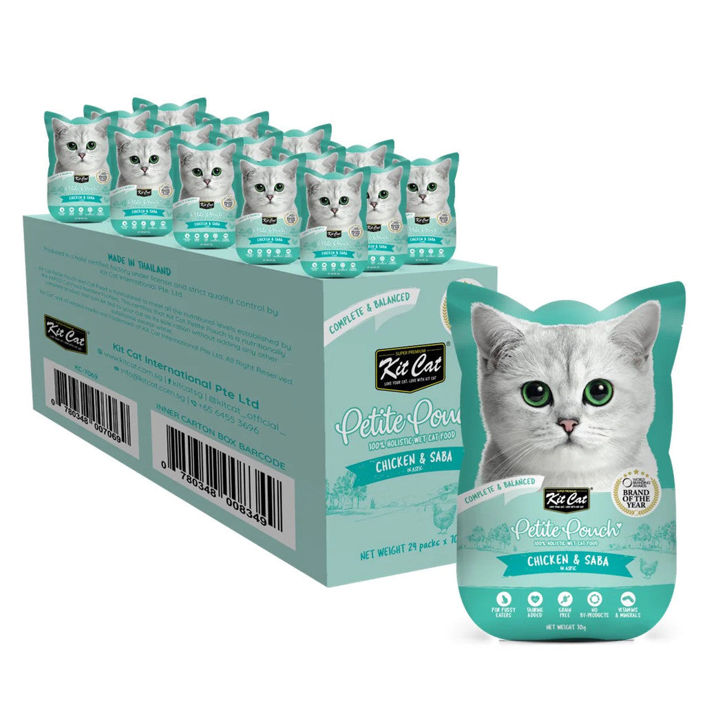 24 Pack Kit Cat Petite Pouch Grain-Free Wet Cat Food - 70g Pouch for Adult & Senior Cats - Perfect for Travel, Treats & Mealtime Variety