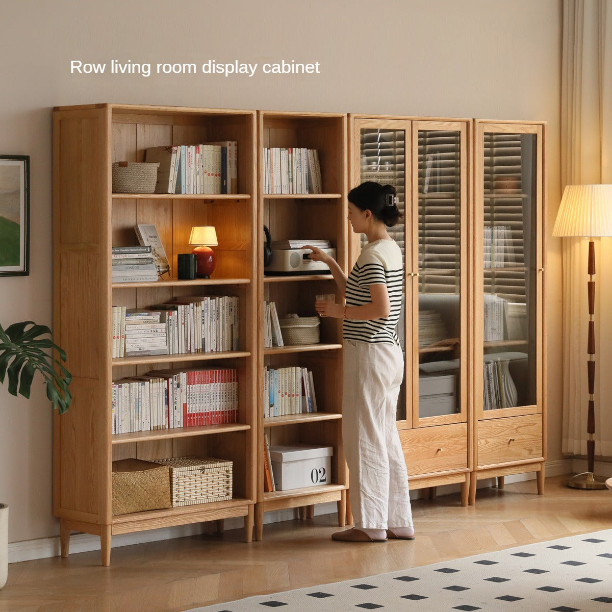 Oak Solid Wood Modern Glass Door Bookcase - Stylish Bookshelf for Living Room, Office & Library - Perfect for Home Decor & Book Storage