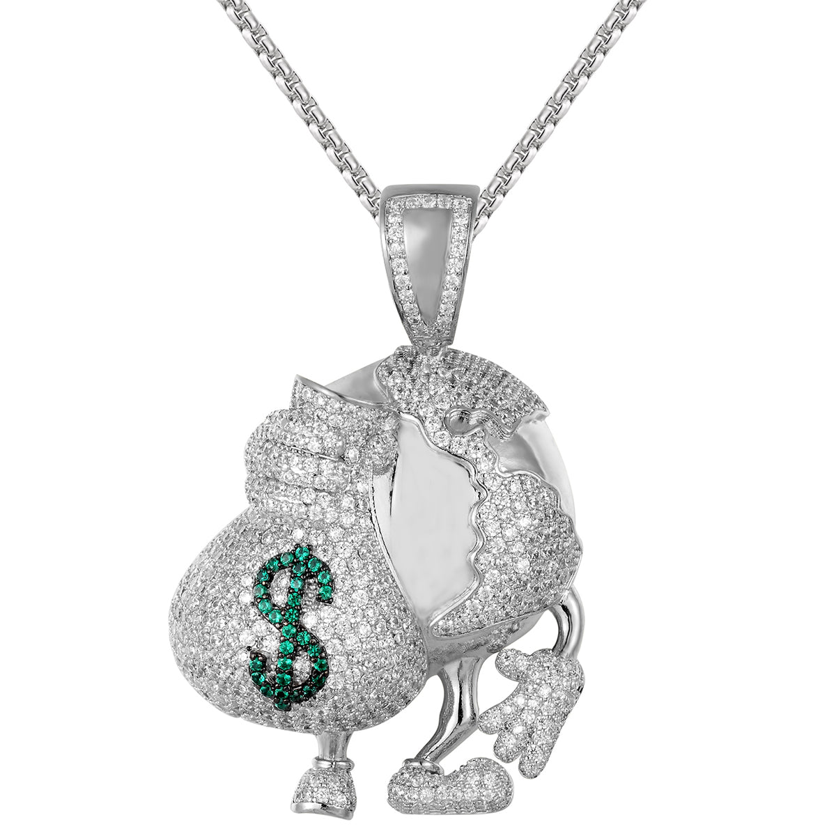 Custom Silver Bling World Globe Pendant with Dollar Money Bag Charm - Trendy Hip Hop Jewelry for Men & Women | Perfect for Rappers, Gifts & Streetwear Fashion