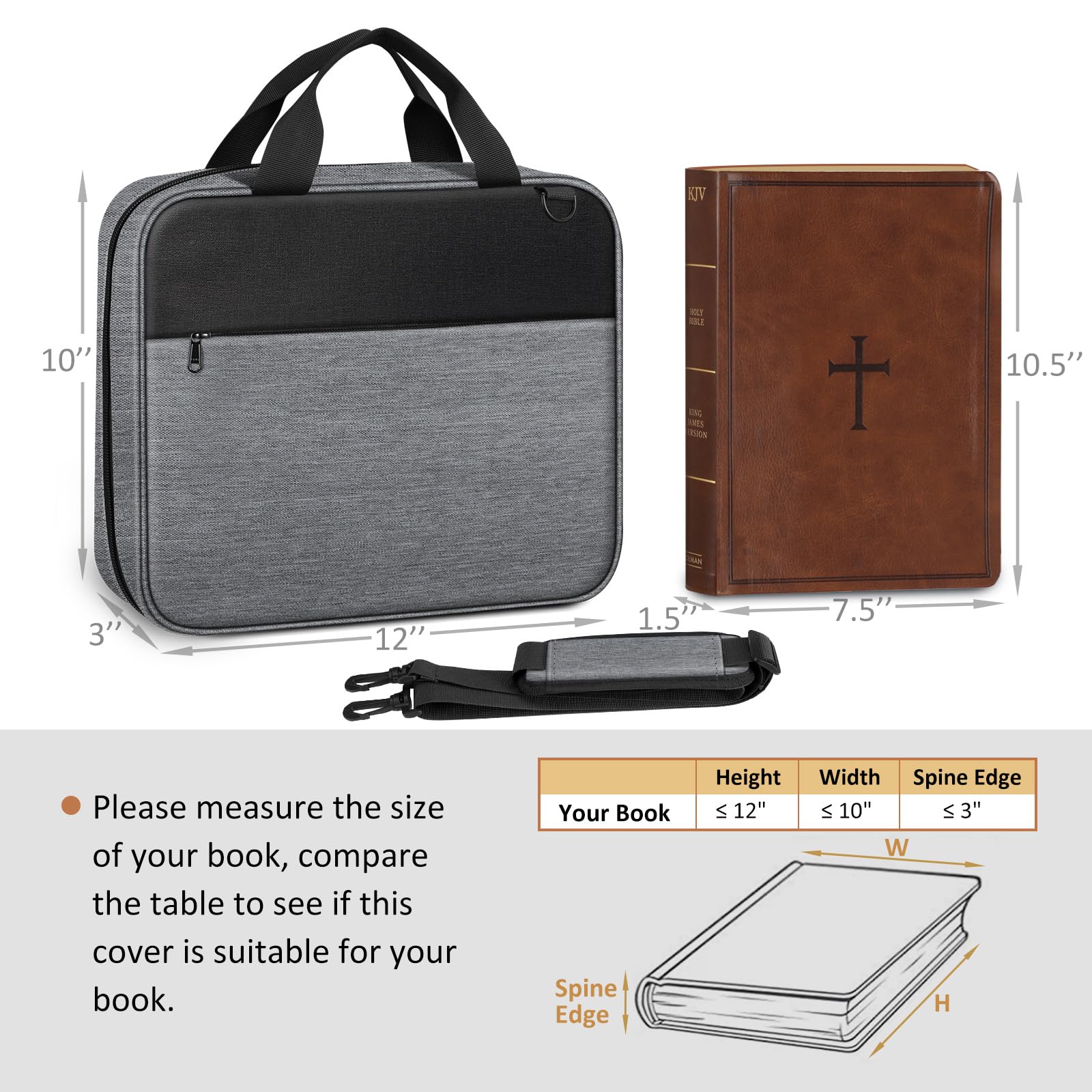 FINPAC Extra Large Bible Cover with Detachable Shoulder Strap & Zippered Pocket - Durable Church Book Bag for Bible Protection - Perfect Gift for Men & Women (Gray) - Ideal for Church, Travel & Daily Bible Study