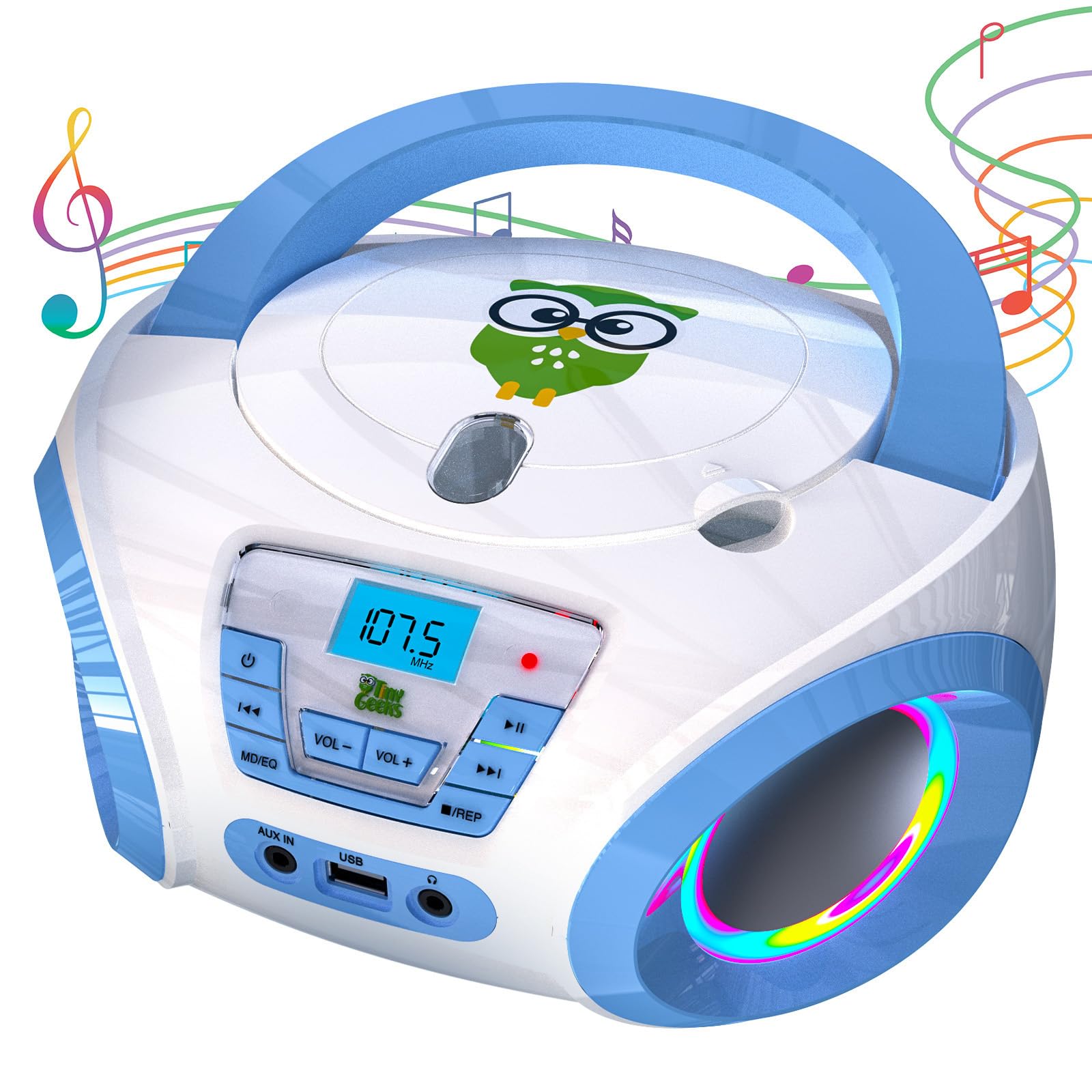 2023 New Kids Boombox CD Player with FM Radio & Built-in Speakers - Portable Music Player for Children & Toddlers (Blue & White) - Perfect for Bedroom Playtime, Road Trips & Birthday Gifts - Batteries Included