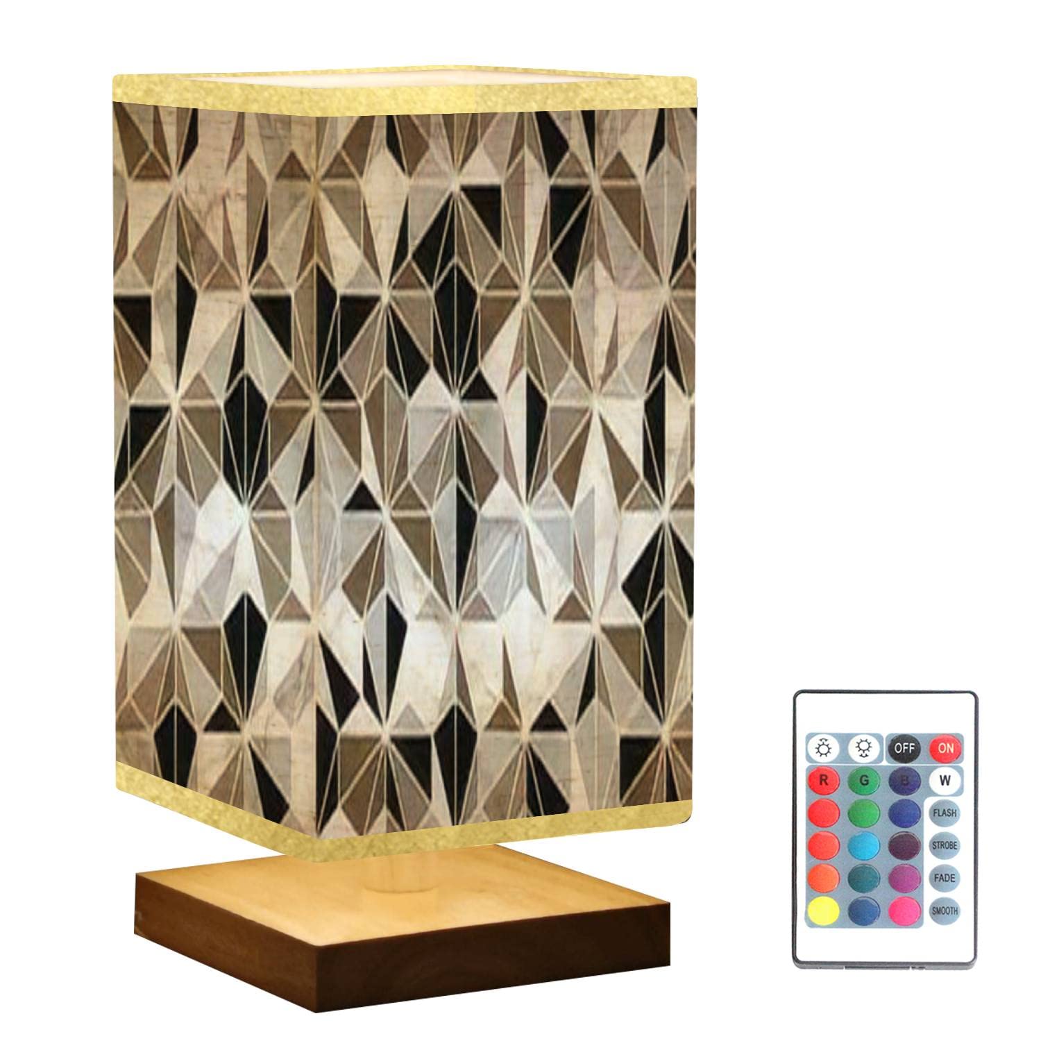 Luxury Geometric Polygonal Square Bedside Table Lamp with Gold Marble Texture Wooden Base & Flaxen Fabric Shade - Dimmable Nightstand Lamp for Bedroom, Living Room, Office - Perfect for Reading, Relaxing & Home Decor