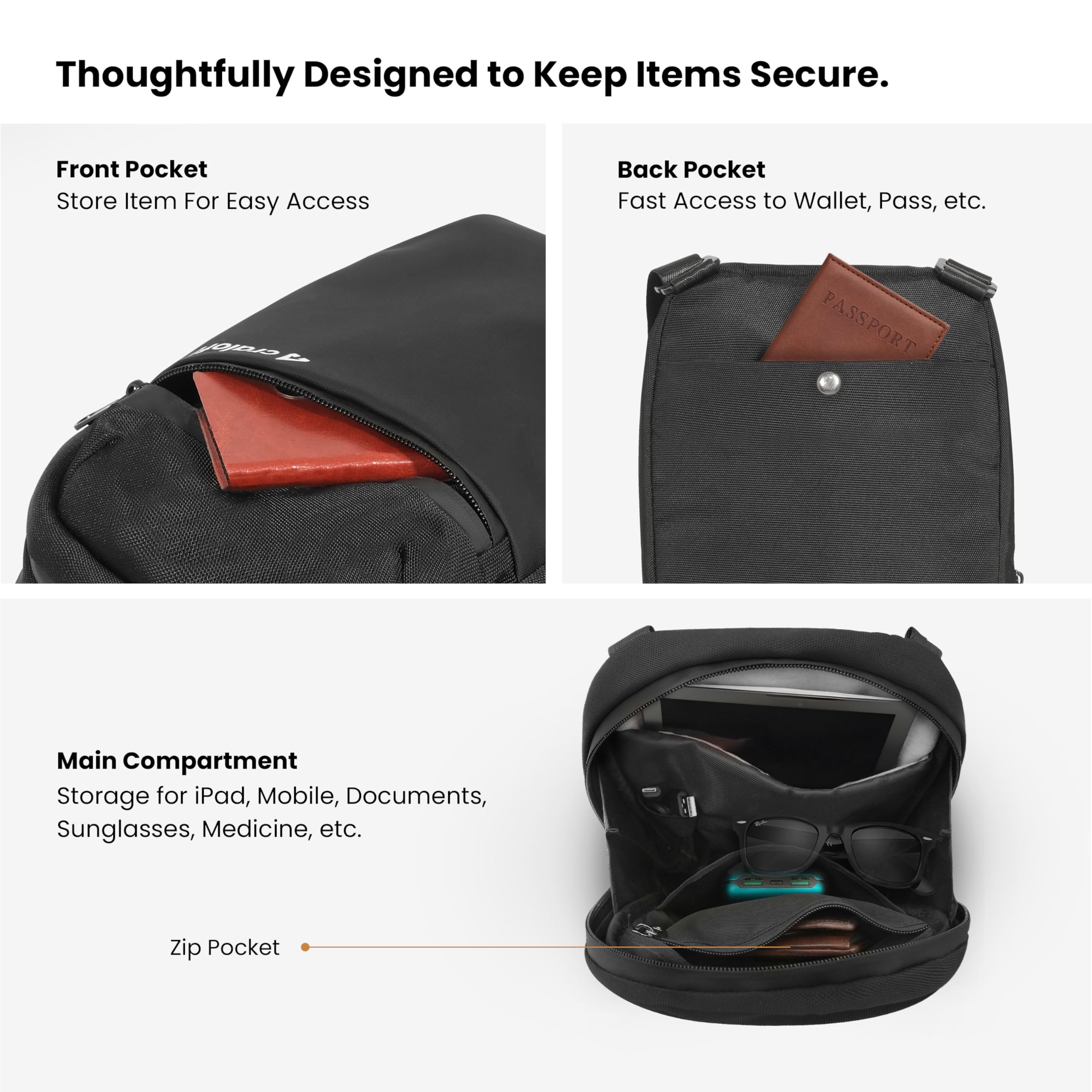 CRALOFT Sling Bag for Men & Women - Lightweight Crossbody Travel Bag with USB Charging Port, Passport Holder & Anti-Theft Design - Perfect for Daily Commute, Office & Travel (S7, Black, Premium Polyester)