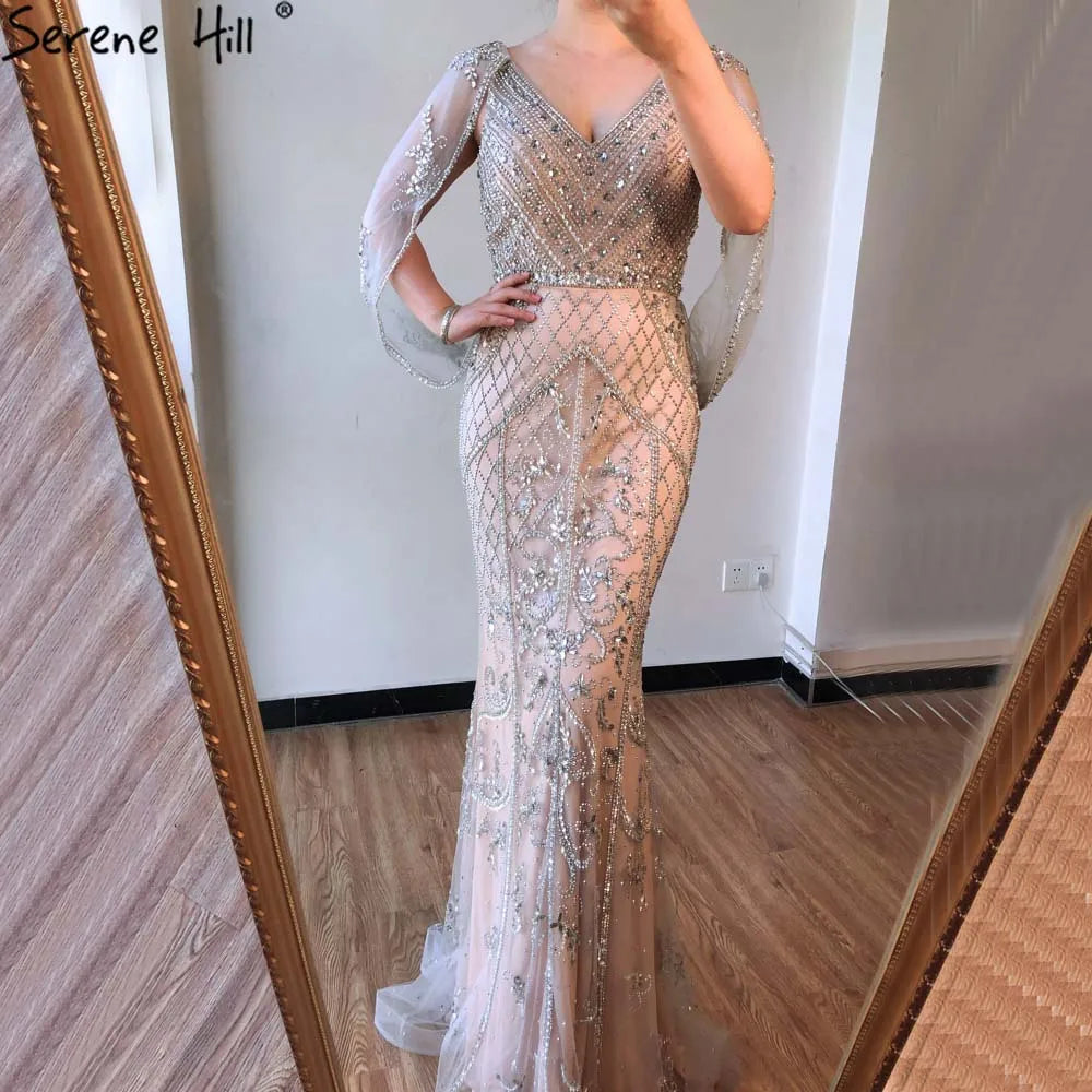 Elegant Dubai Grey Nude Evening Dress 2025 - Crystal Embellished Sleeveless Formal Gown with Shawl | Perfect for Prom, Cocktail Parties & Special Occasions