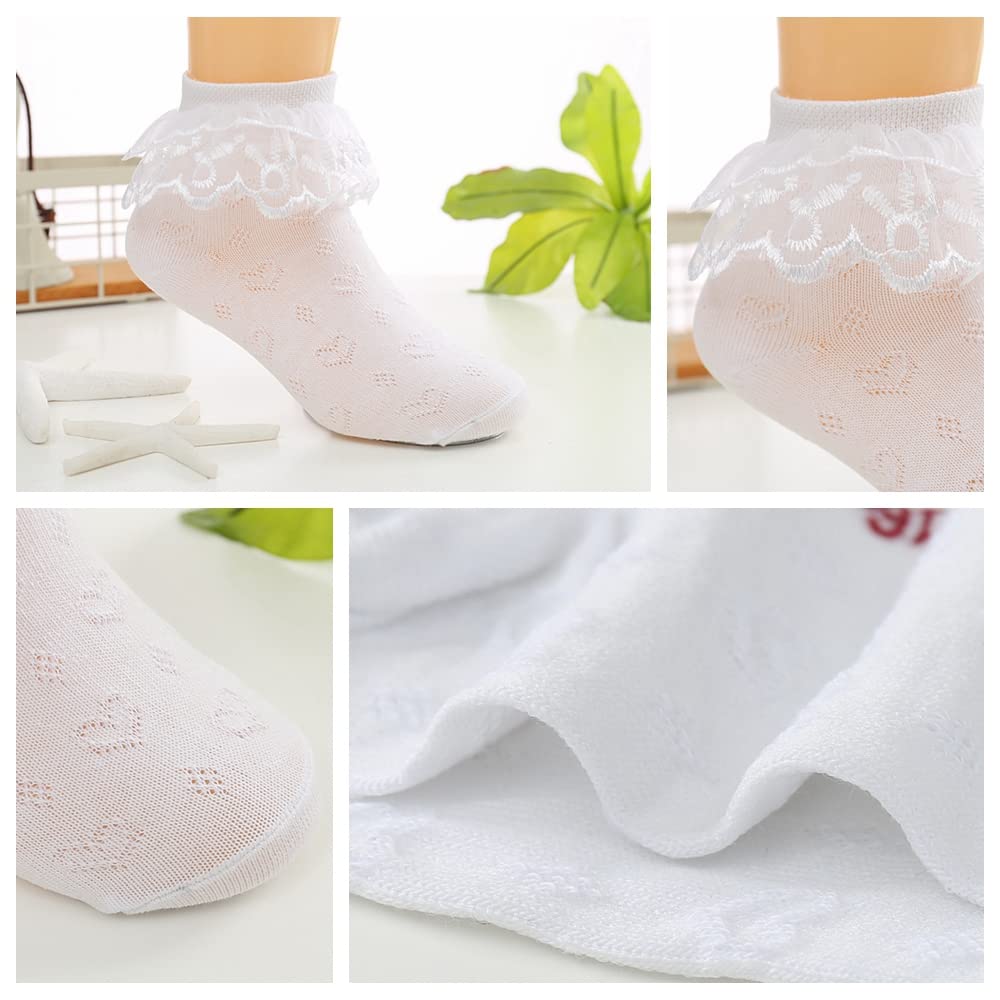 YUEN Girls Lace Ankle Socks - 4 Pack Cute Ruffle Frilly Cotton Socks with Lace Trim | Princess Style Socks for Big Girls | Perfect for School, Parties & Everyday Wear