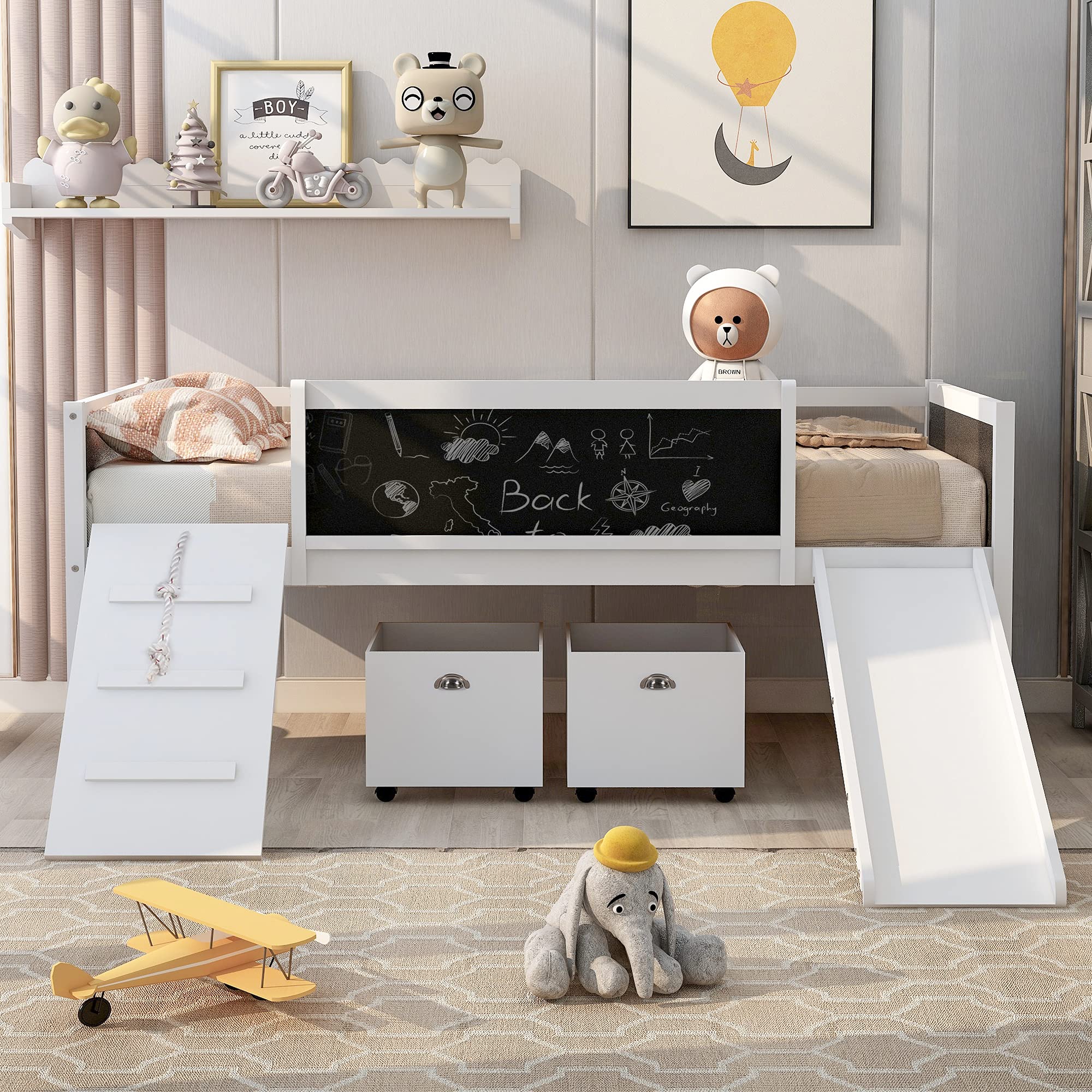 Merax Wooden Loft Bed with Storage, Climbing Frame & Slide - Kids Playhouse Bed with Double-Sided Chalkboard - No Box Spring Needed - Perfect for Small Bedrooms & Playrooms