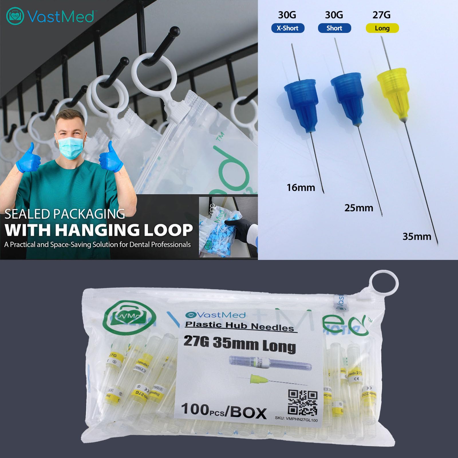 300PCs Dental Grade Plastic Hub Needles 27G Long - Disposable Self-Threading Tri-Bevel Needles for Dental Procedures | Professional Use for Anesthesia, Fillings & Oral Surgery | VASTMED