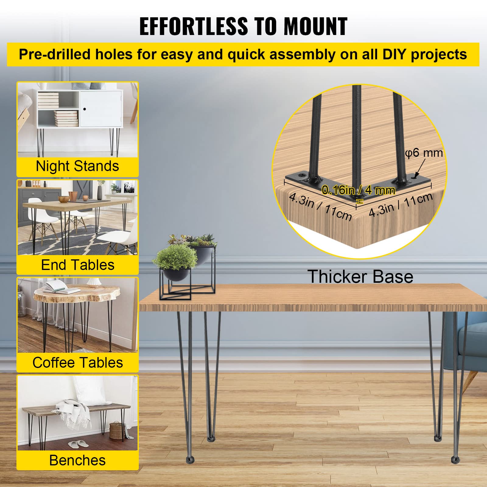VEVOR Hairpin Table Legs 30 Inch Black Set of 4 - Heavy Duty 880lbs Load Capacity (220lbs Each) - 3 Rod Carbon Steel Desk Legs for DIY Furniture, Dining Tables, Benches & Chairs - Perfect for Home Office, Restaurant & Industrial Use