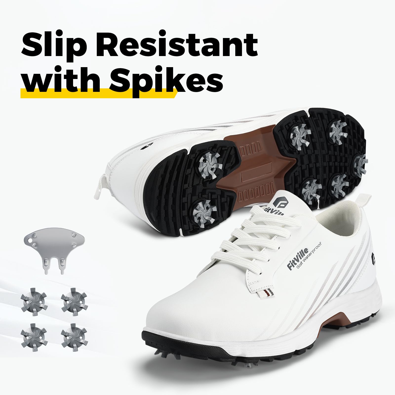 FitVille Men's Wide Waterproof Spiked Golf Shoes - Professional Outdoor Golf Shoes with Arch Support & Heel Pain Relief - Perfect for Walking Courses & Wet Conditions