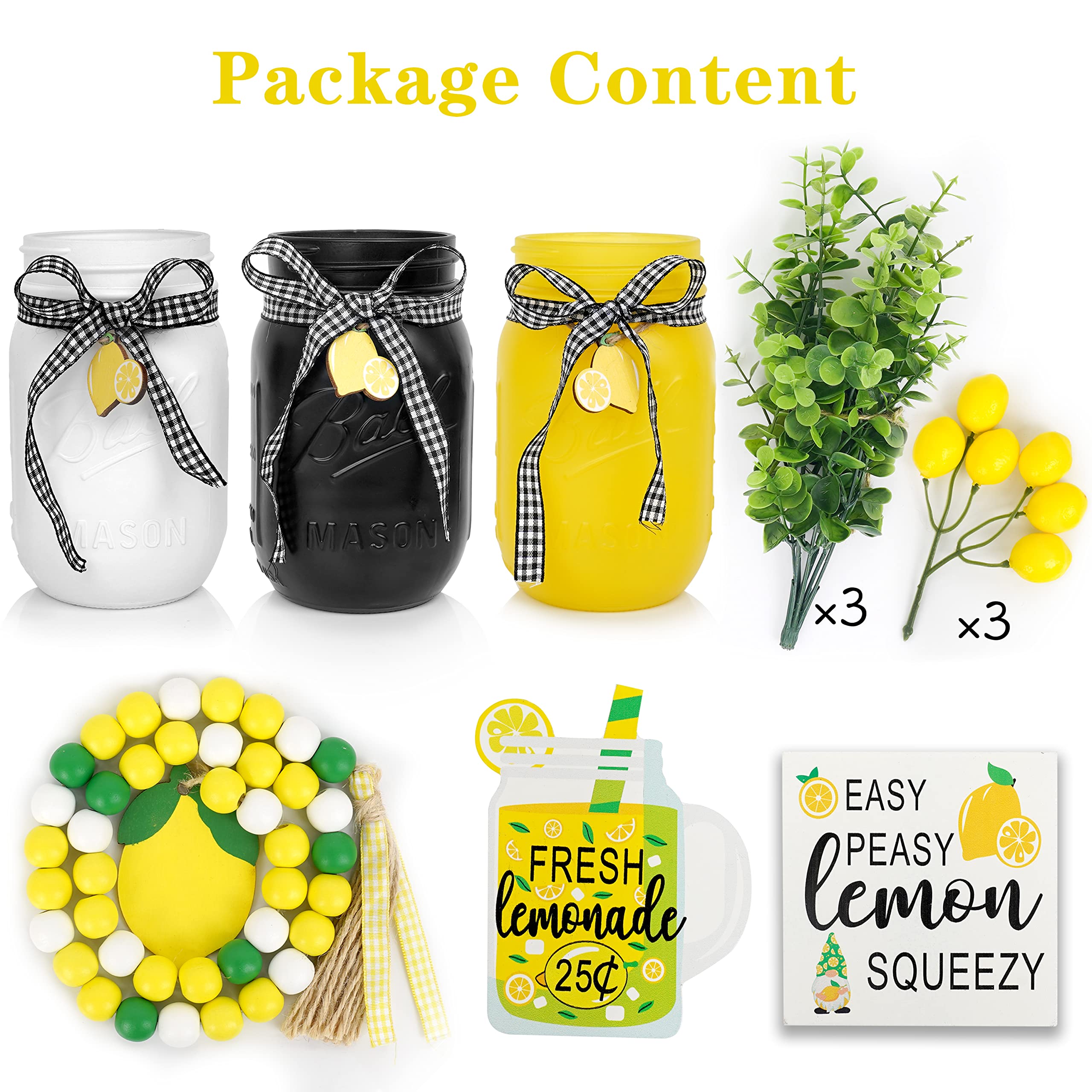 Lemon Kitchen Decor & Accessories Set - Rustic Mason Jar & Buffalo Plaid Farmhouse Tray Decor for Summer Home, Housewarming Gift - Perfect for Tiered Tray Displays, Country Kitchen Decor & Seasonal Table Centerpieces