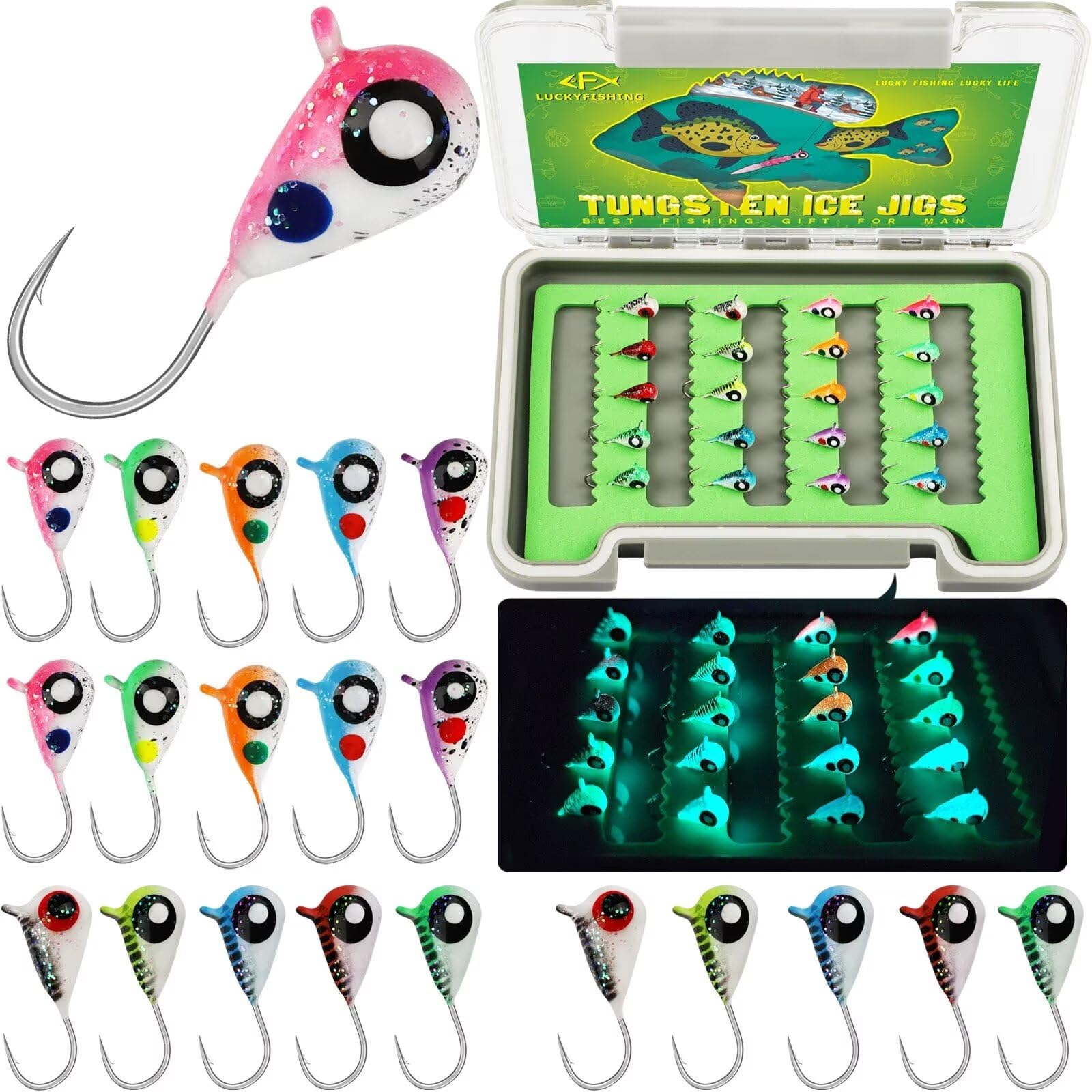 20pcs/60pcs Tungsten Ice Fishing Jigs - Glow in Dark 1/16oz (1.85g) Crappie Lures for Panfish & Walleye - Durable Ice Fishing Gear for Winter Anglers - Perfect Gift for Ice Fishing Enthusiasts | Ideal for Night Fishing & Deep Water Panfish Hunting