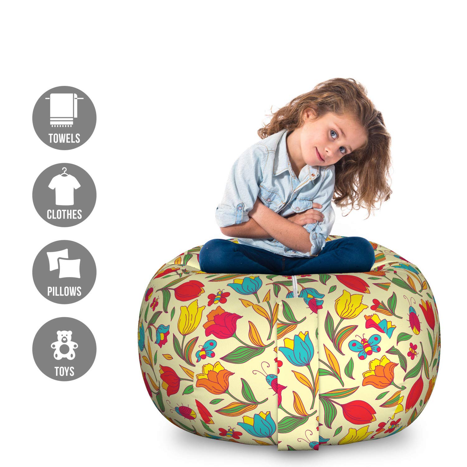 Ambesonne Floral Toy Storage Bag Chair - Large Washable Organizer for Stuffed Animals, Kids Room Decor with Retro Butterflies, Bees & Tulips Design | Perfect for Playrooms, Bedrooms & Nursery Organization