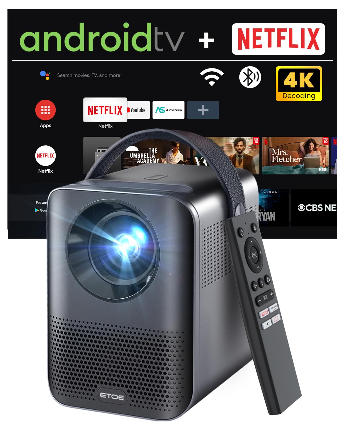 ETOE D2 Pro Smart Projector 1080P Full HD with Android TV 10.0 | Netflix-Certified Streaming | 5G WiFi & Bluetooth | Wireless Chromecast | Compatible with iOS, Android, HDMI & Fire TV Stick | Home Theater & Outdoor Movie Night Projector