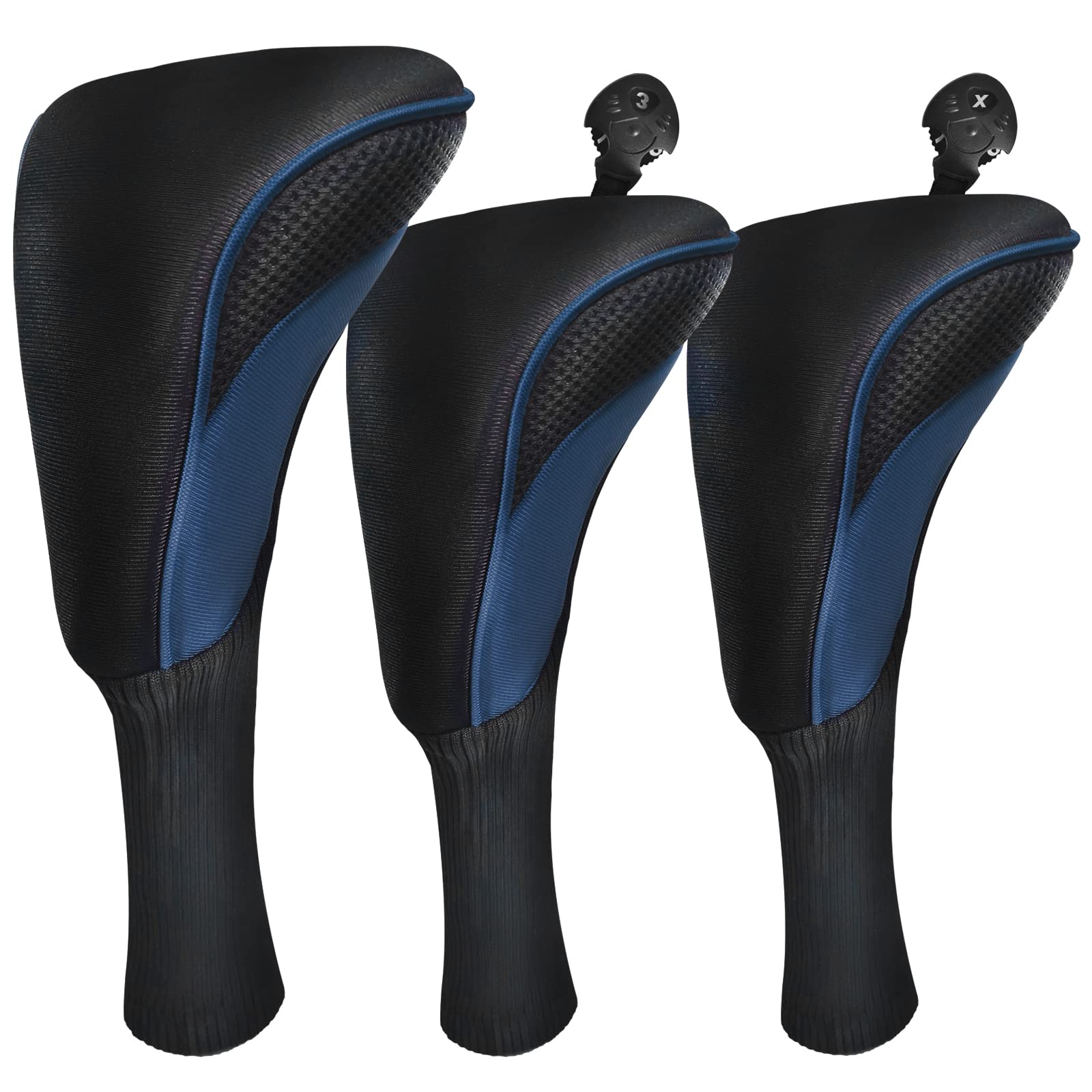 Premium 3-Piece Golf Club Head Covers Set for Fairway Woods, Drivers & Hybrids - Long Neck Mesh Design with Interchangeable Number Tags (3,4,5,6,7,X) - Durable Golf Accessories for Men & Women - Perfect for Course Protection & Style Enhancement