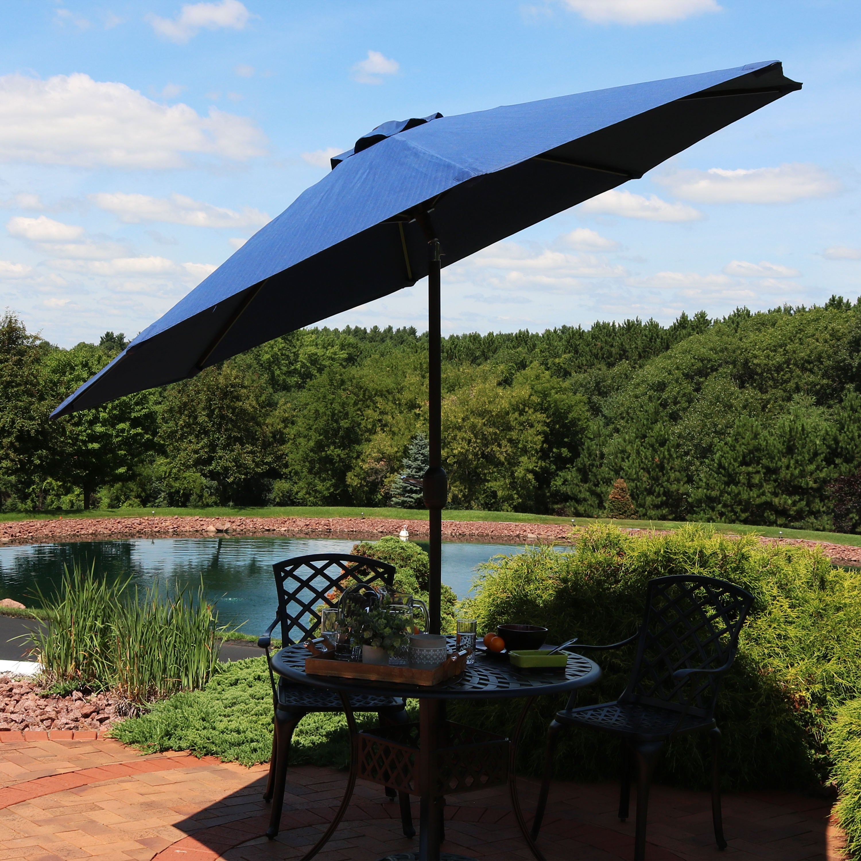 Sunnydaze 9-Foot Aluminum Spun Poly Market Umbrella with Tilt & Crank - Navy Blue Outdoor Patio Umbrella for Garden, Poolside, and Restaurant Use