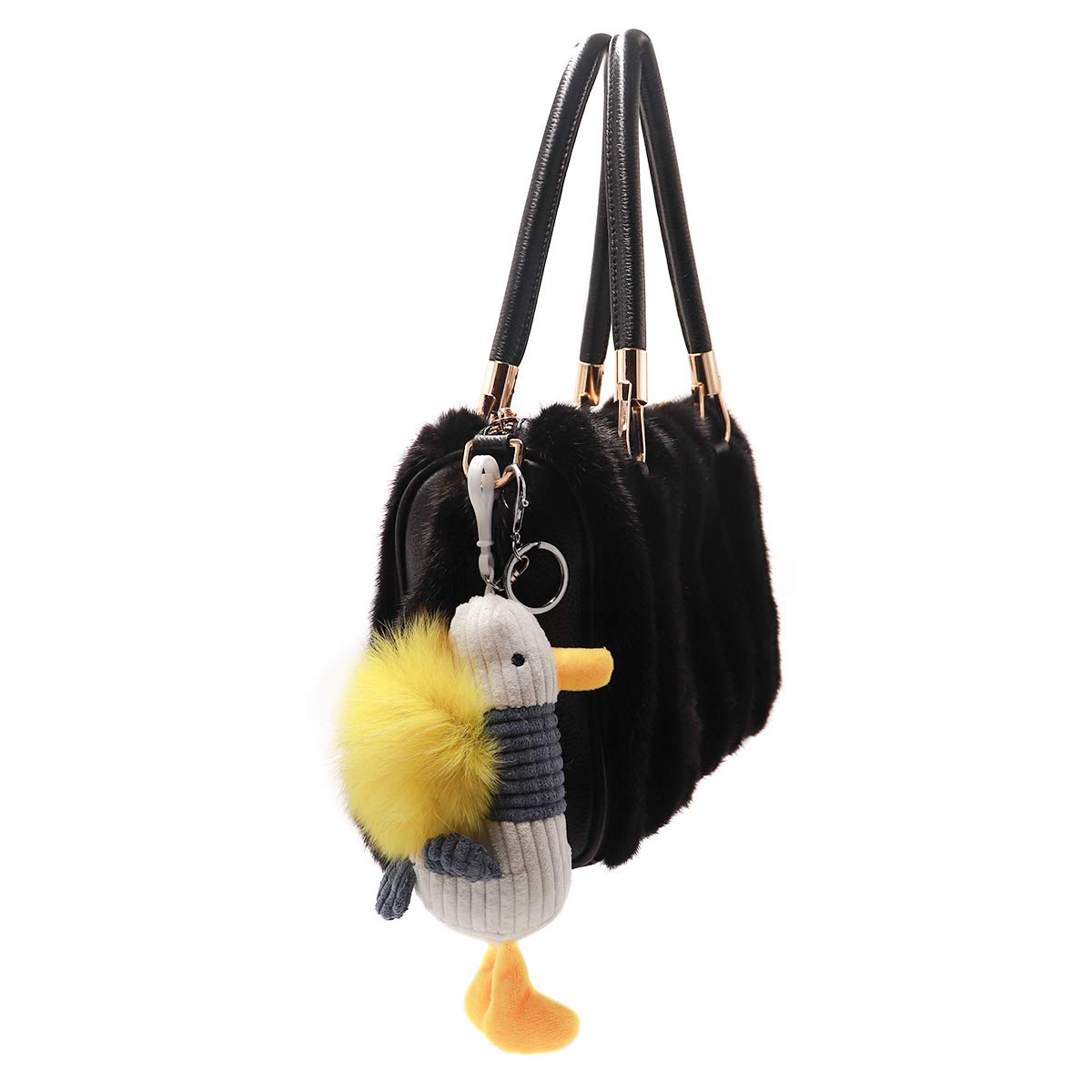 Surell Fox Fur Duck Keychain - Cute Pompom Fashion Keyring with Fluffy Fur Ball - Perfect for Handbags, Backpacks & Gift Giving