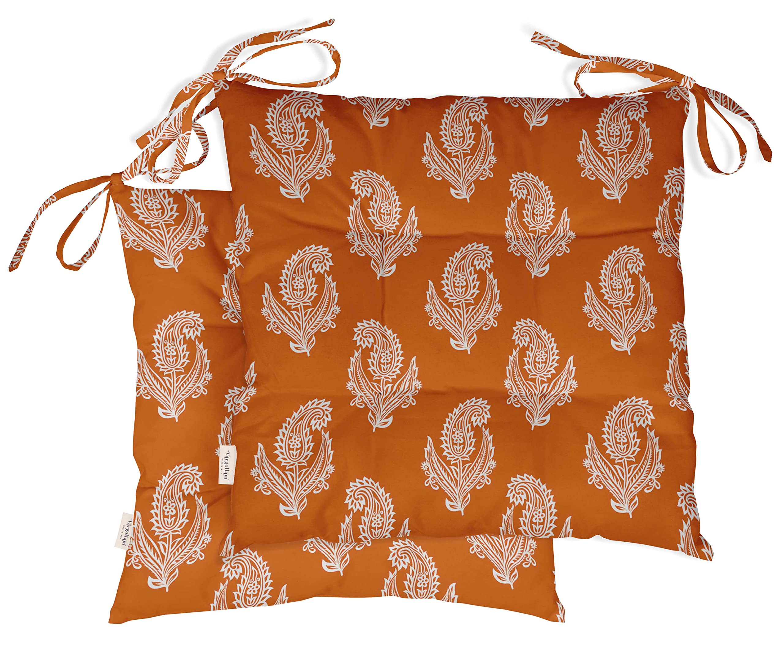 Water Resistant Indoor/Outdoor Tufted Square Patio Cushion Set of 2 - 19-inch Orange Asian Block Paisley Printed Seat Cushions for Garden, Poolside & Deck Furniture | Weatherproof Outdoor Pillows