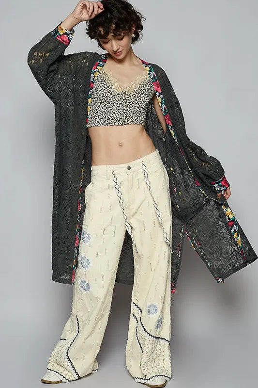 Boho Beachy Floral Trim Lace Open Front Longline Cardigan for Women - Lightweight Summer Cover Up, Beach Wedding, Vacation Outfit, Casual Loungewear