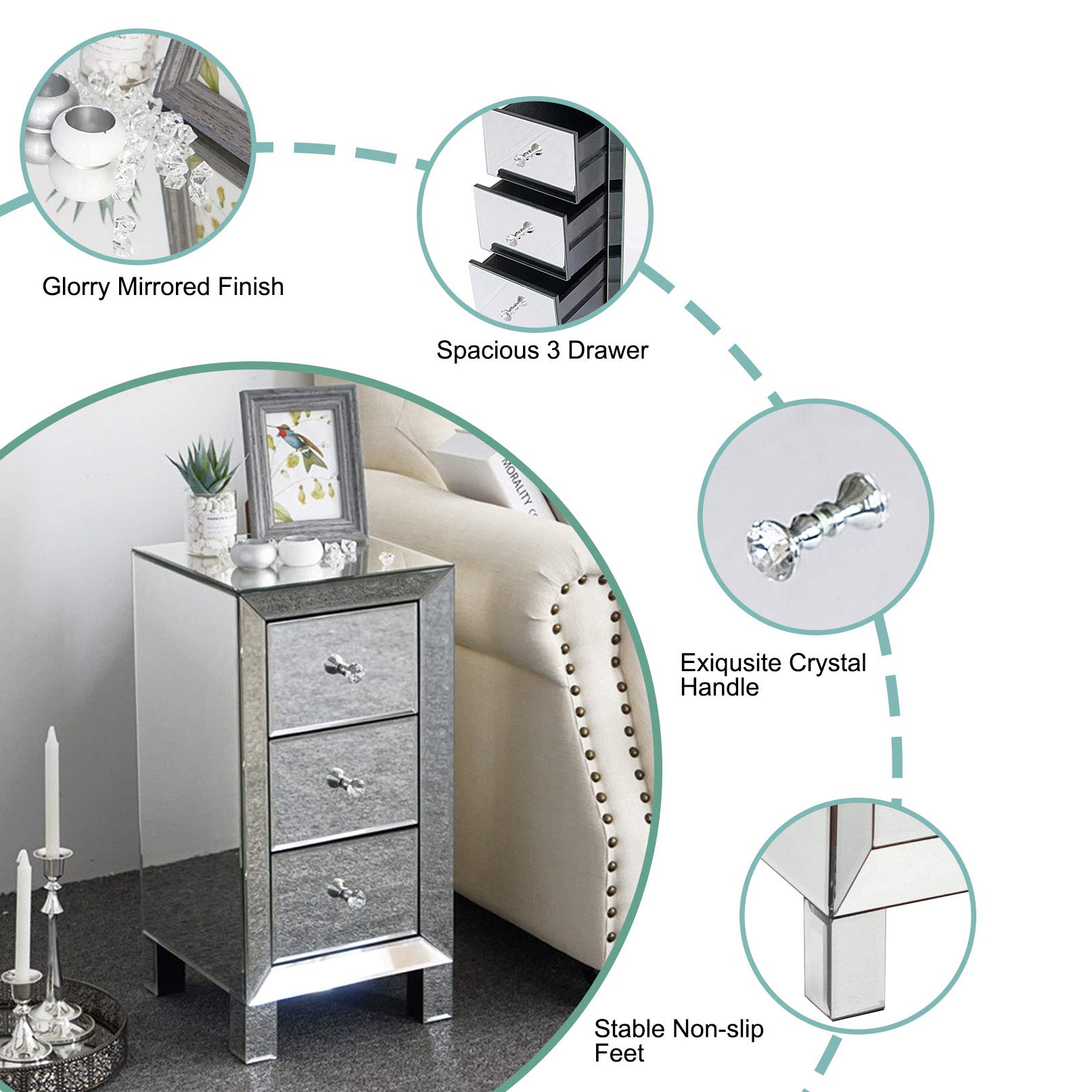 Modern Mirrored 3-Drawer Nightstand with Crystal Knobs - Bedroom & Living Room Storage